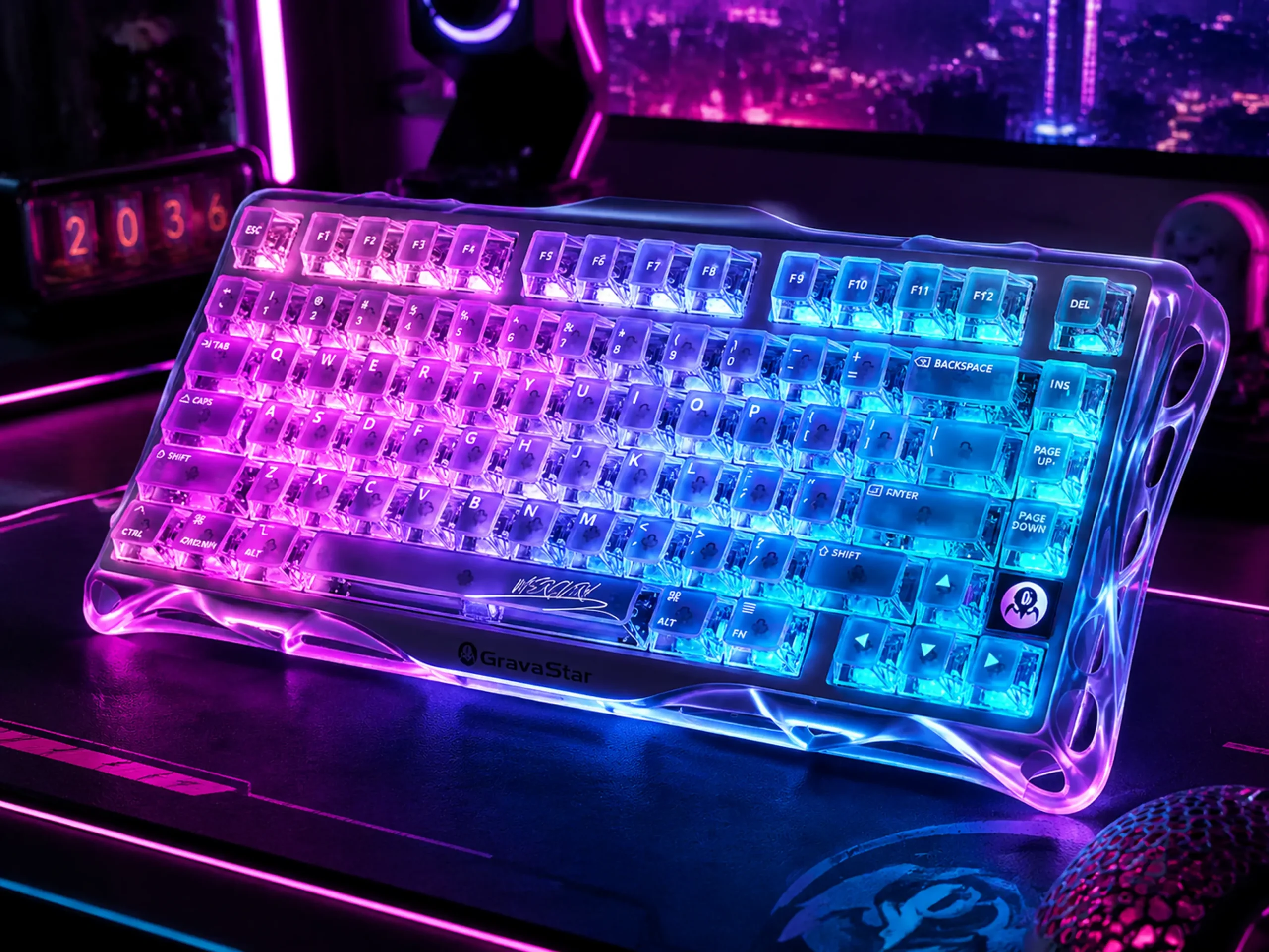 Transparent RGB Mechanical Keyboard Synthwave Setup