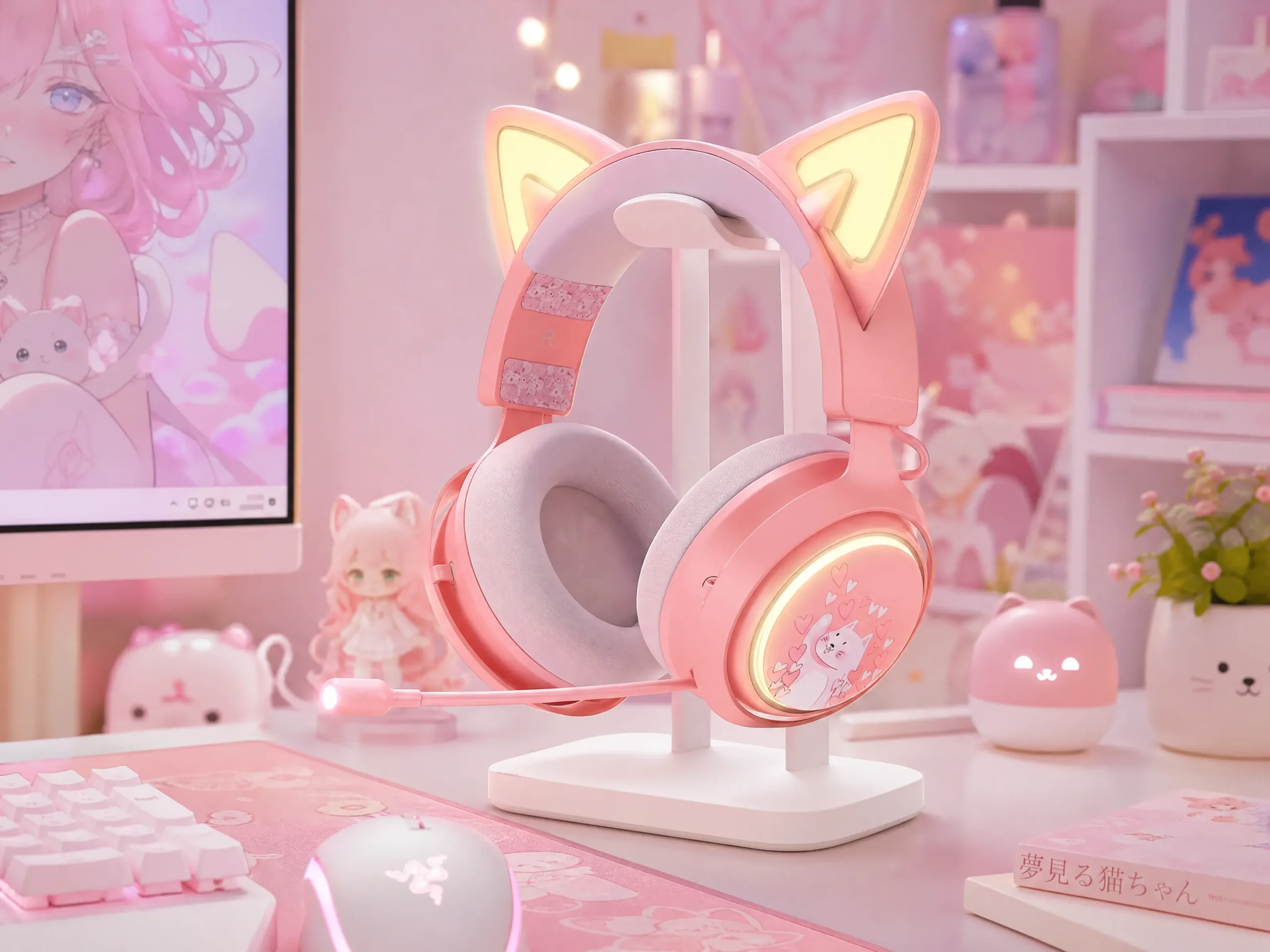 Pink Cat Ear Gaming Headset Kawaii Setup