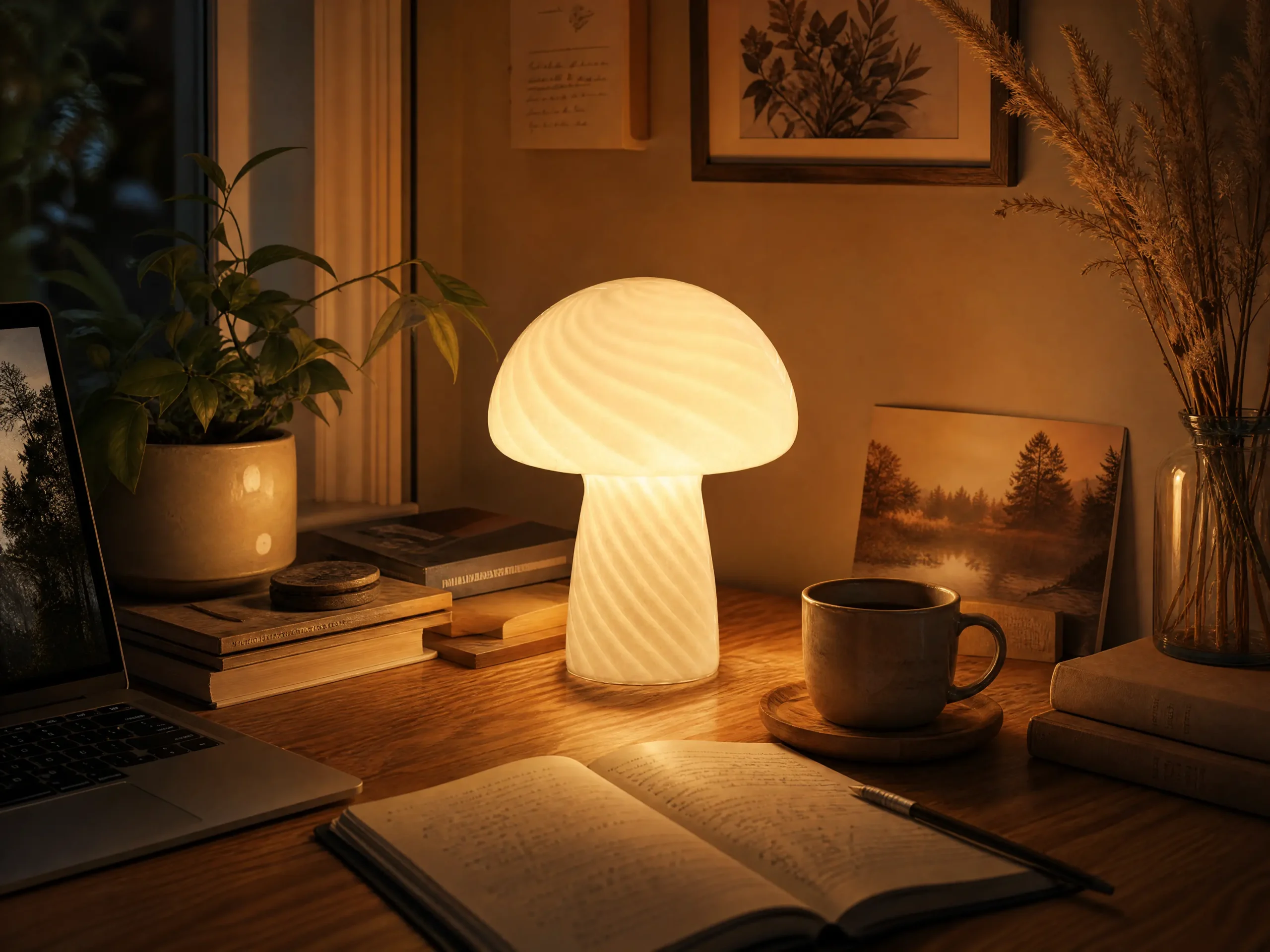 Warm ambient wood mushroom desk lamp for lo-fi study vibes