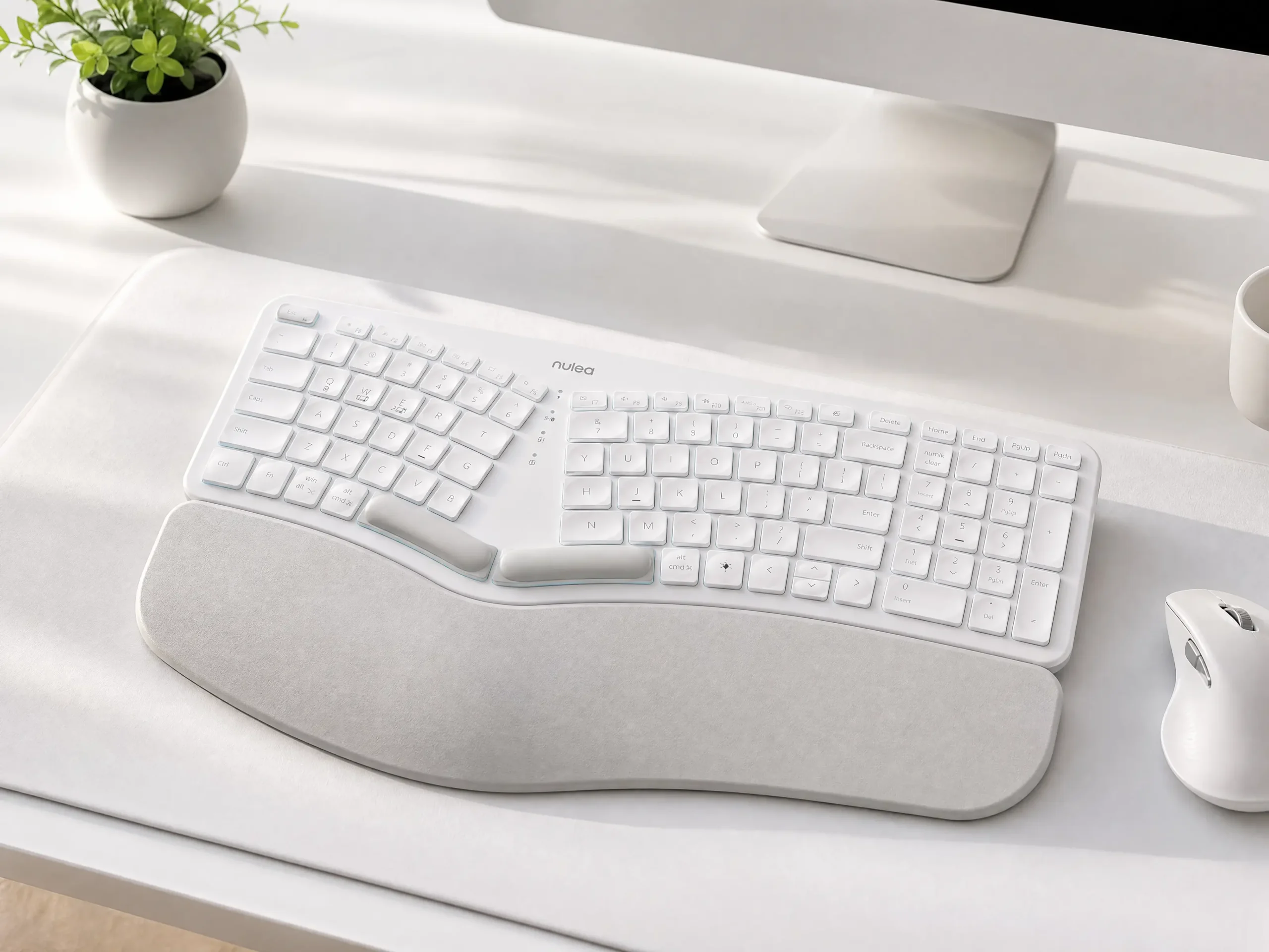 White ergonomic mechanical keyboard on clean desk