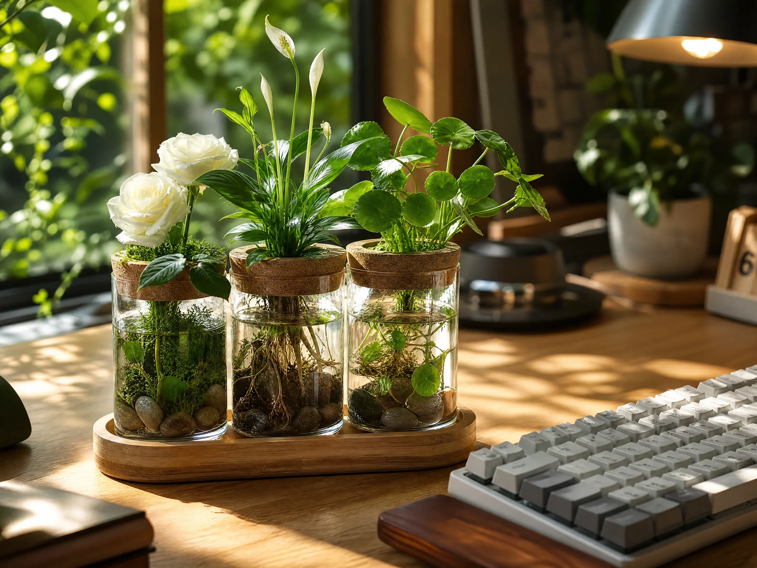 Lush botanical glass terrarium on a natural wood desk