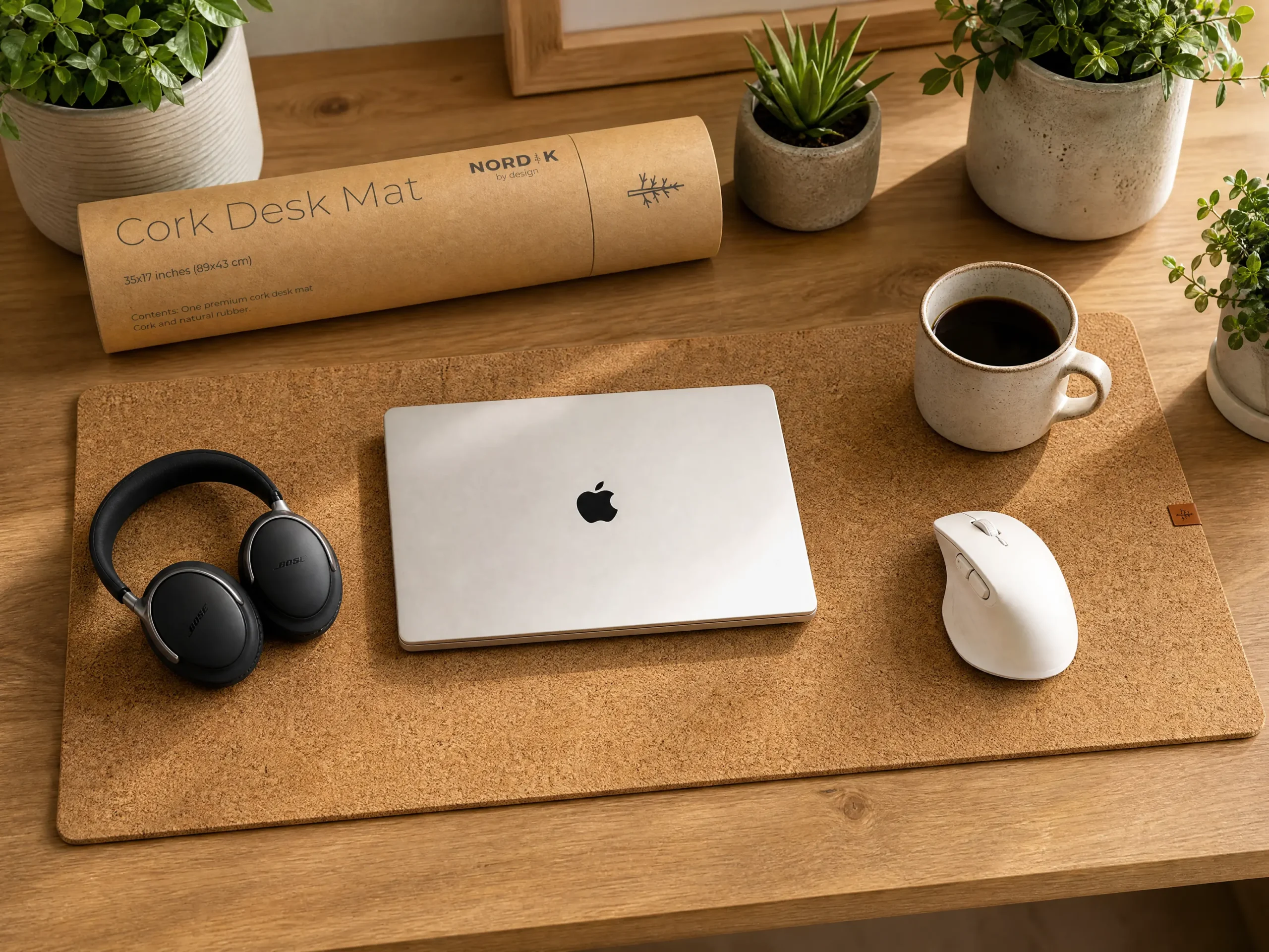 Premium natural cork desk mat with white ergonomic mouse