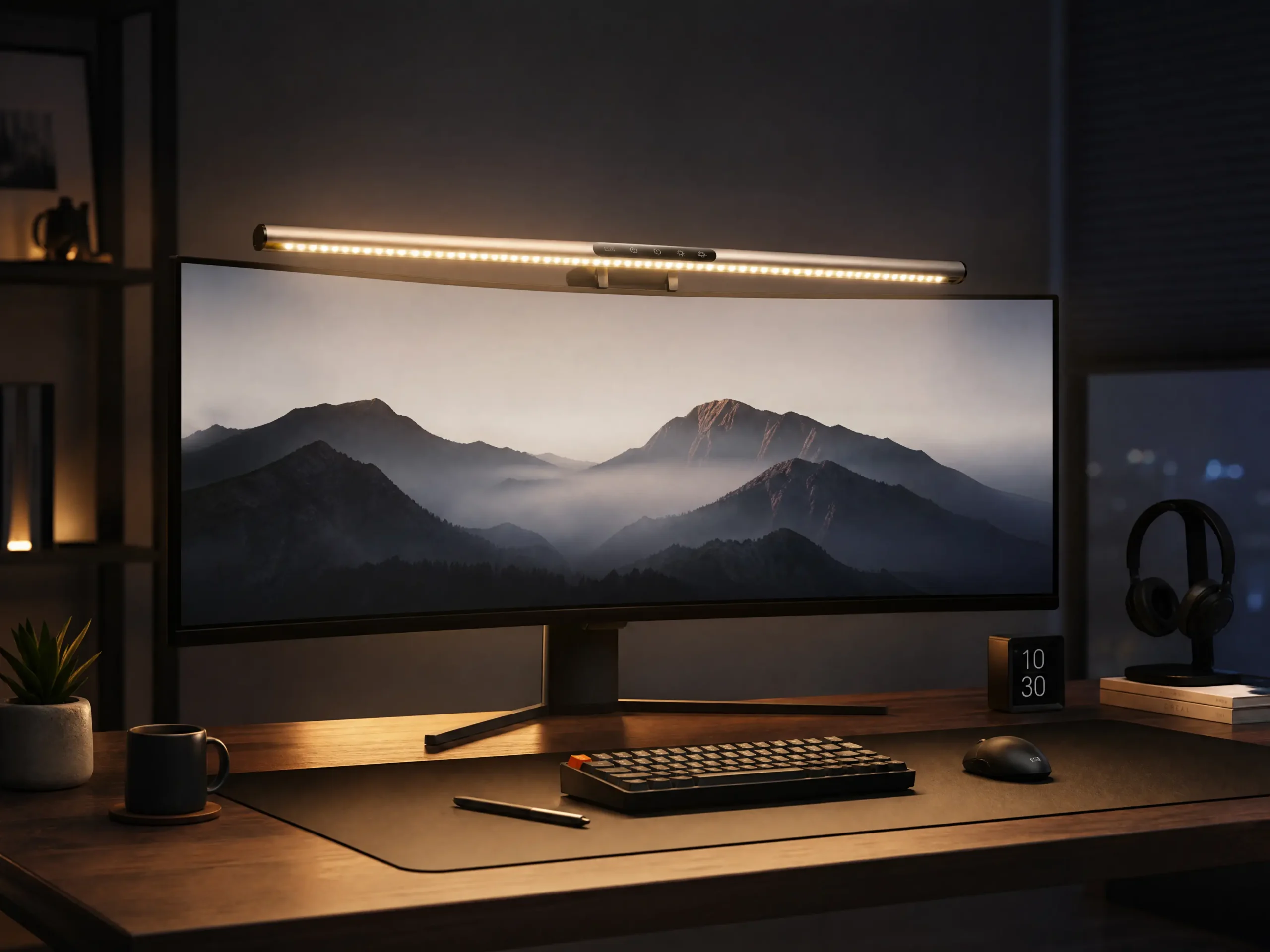Minimalist monitor light bar glowing over ultrawide screen