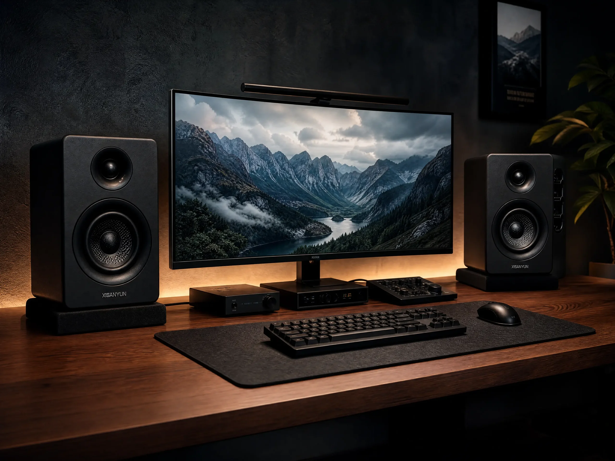 Premium black desktop studio monitor speakers on isolation pads