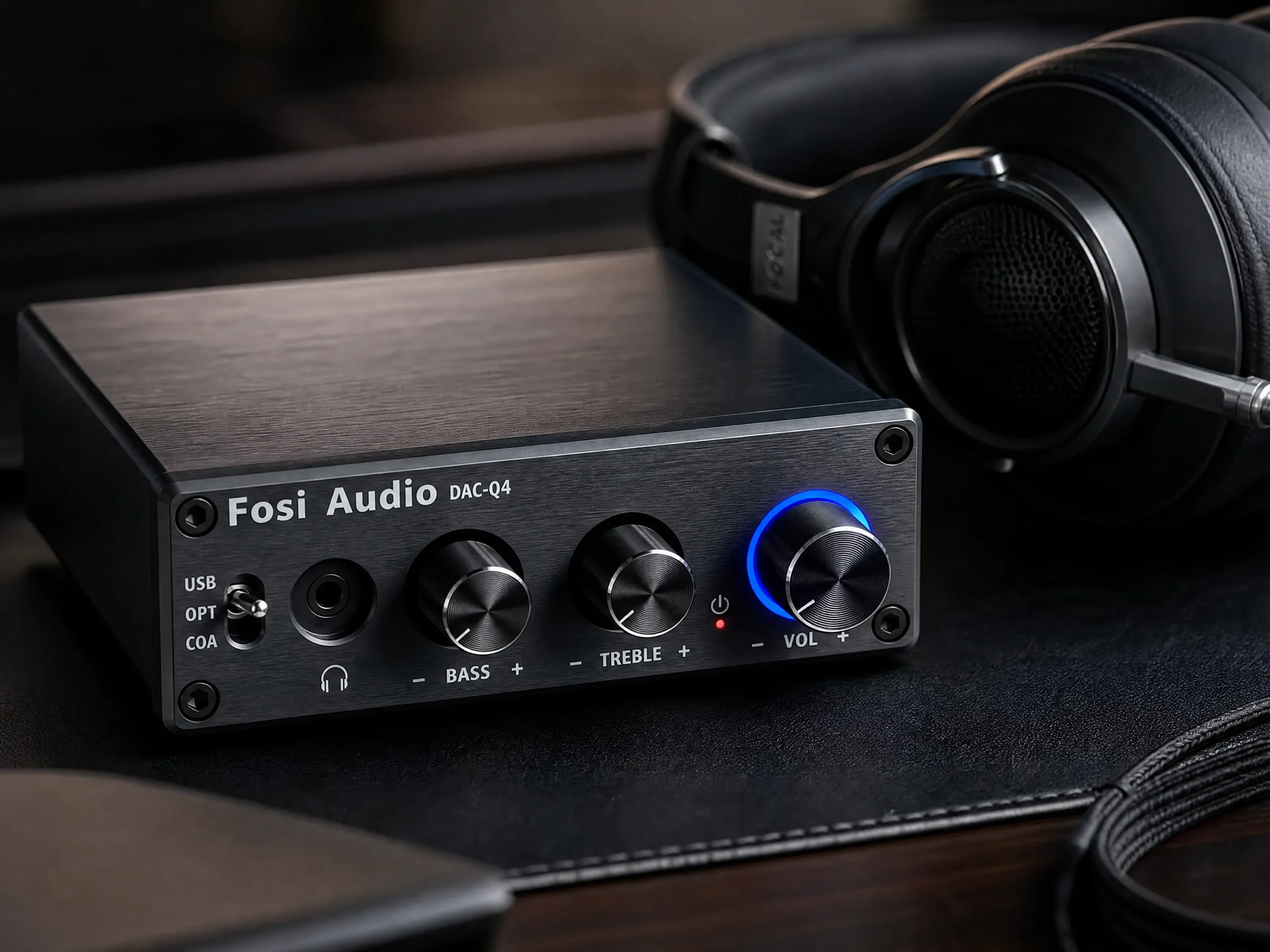 Sleek brushed metal desktop USB DAC amplifier with volume knob