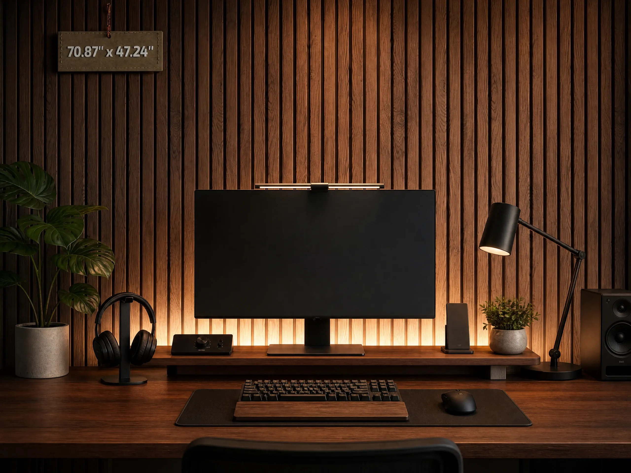Modern desk setup background featuring premium walnut wood slat acoustic wall panels