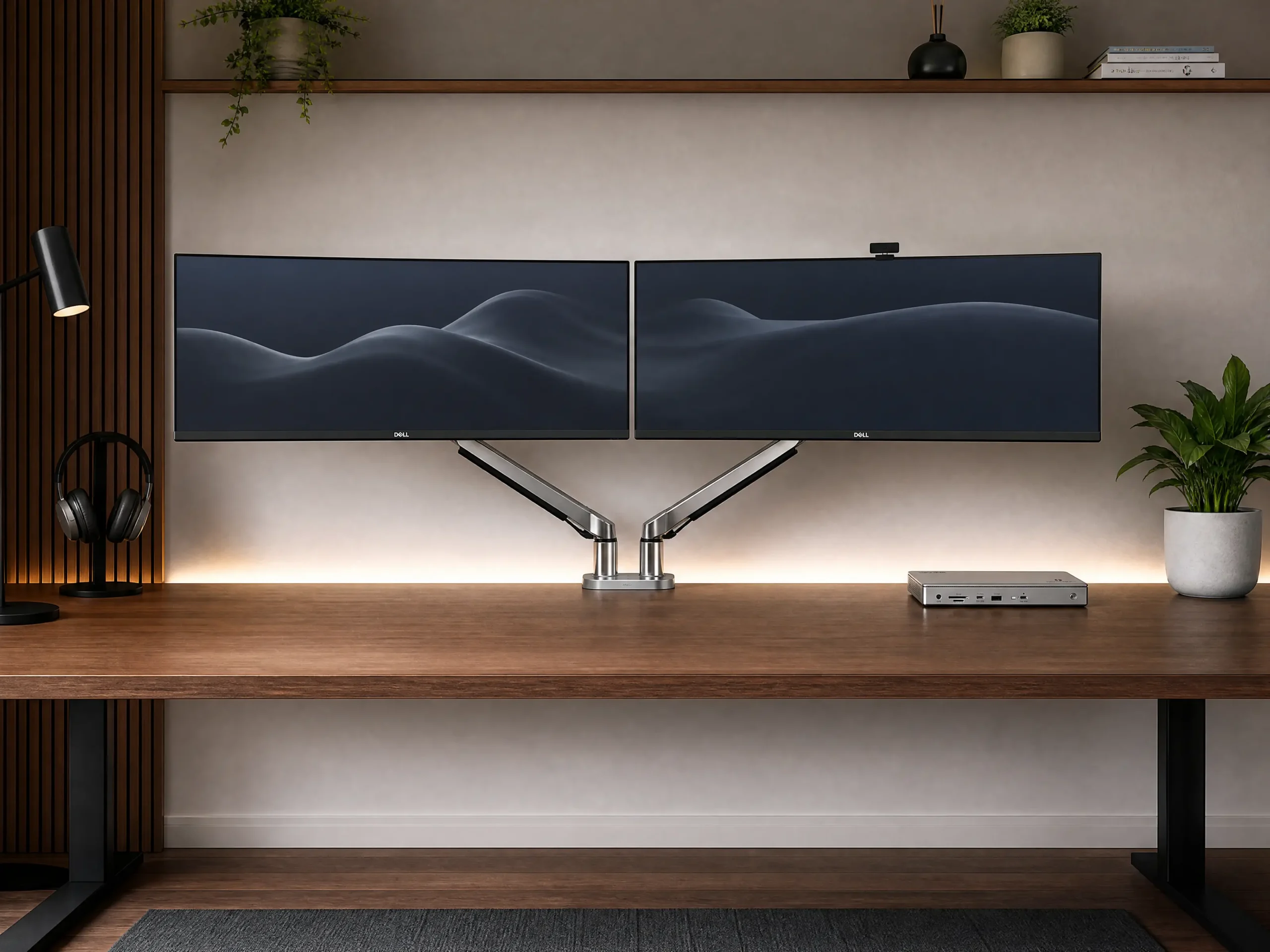 Clean minimalist desk setup with dual ultrawide monitors floating on heavy duty metal monitor arms