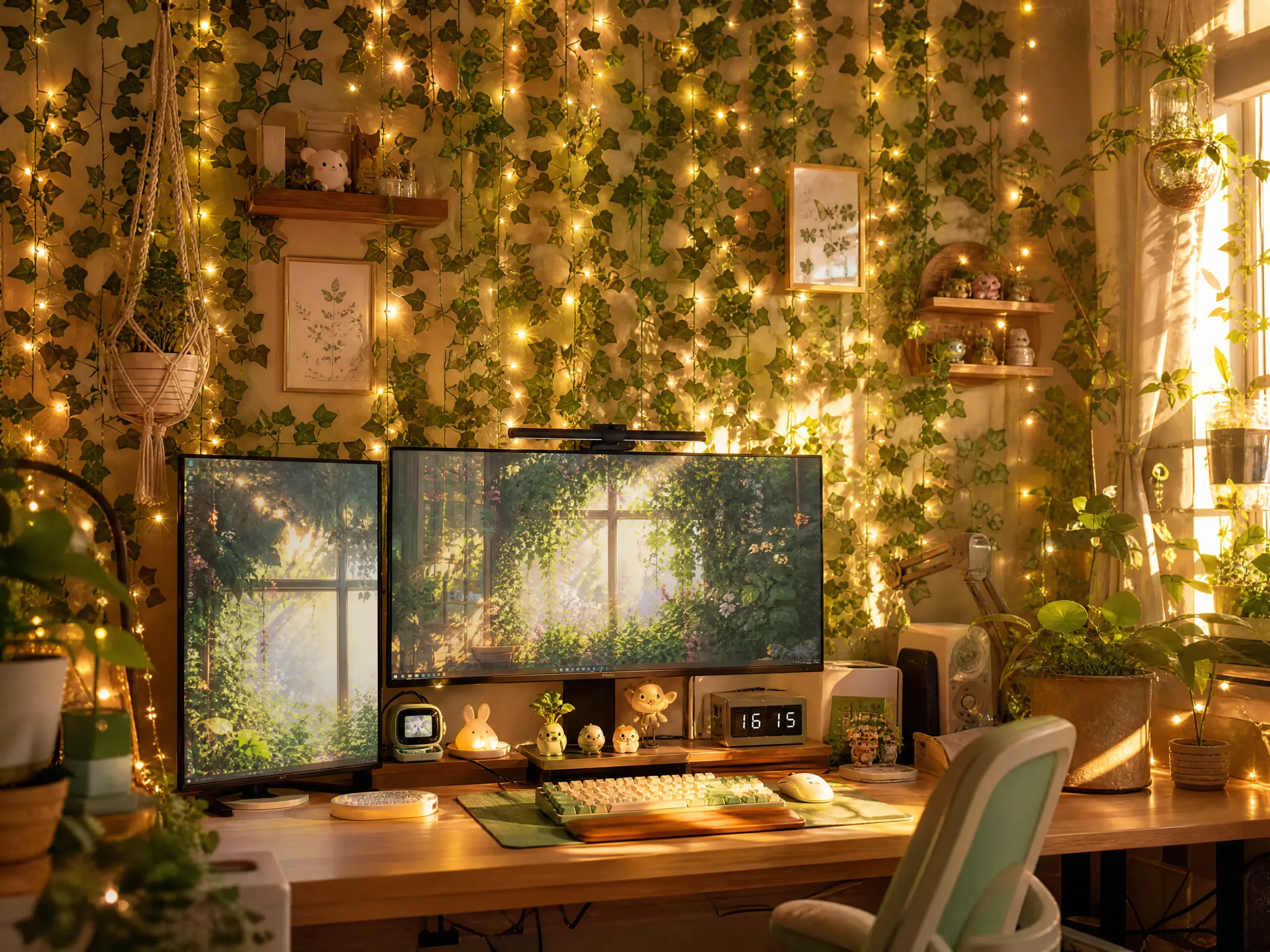 Cozy Anime Desk with Ivy Vines and Fairy Lights