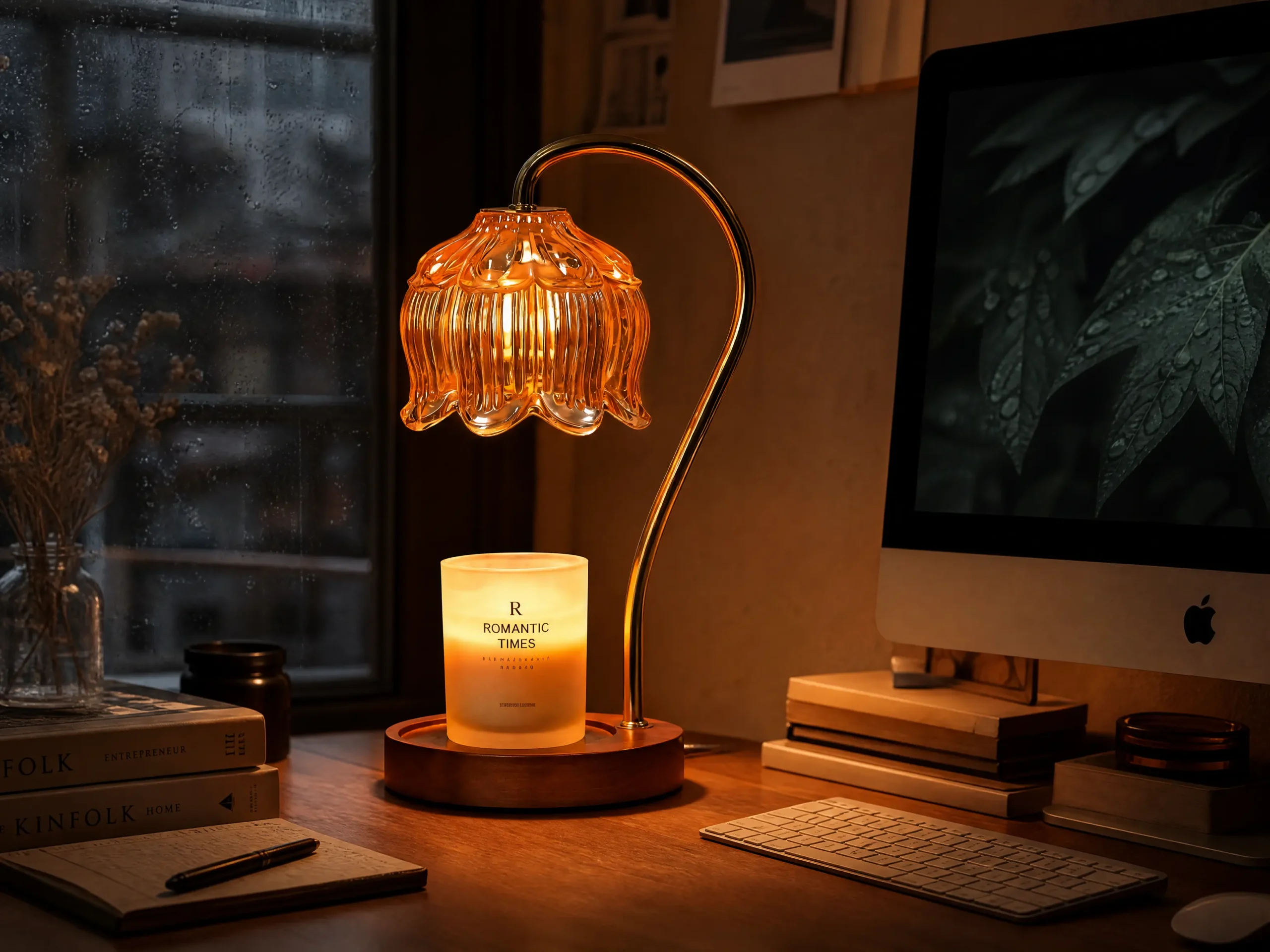 Vintage Amber Glass Warm Light Desk Lamp on Cozy Setup