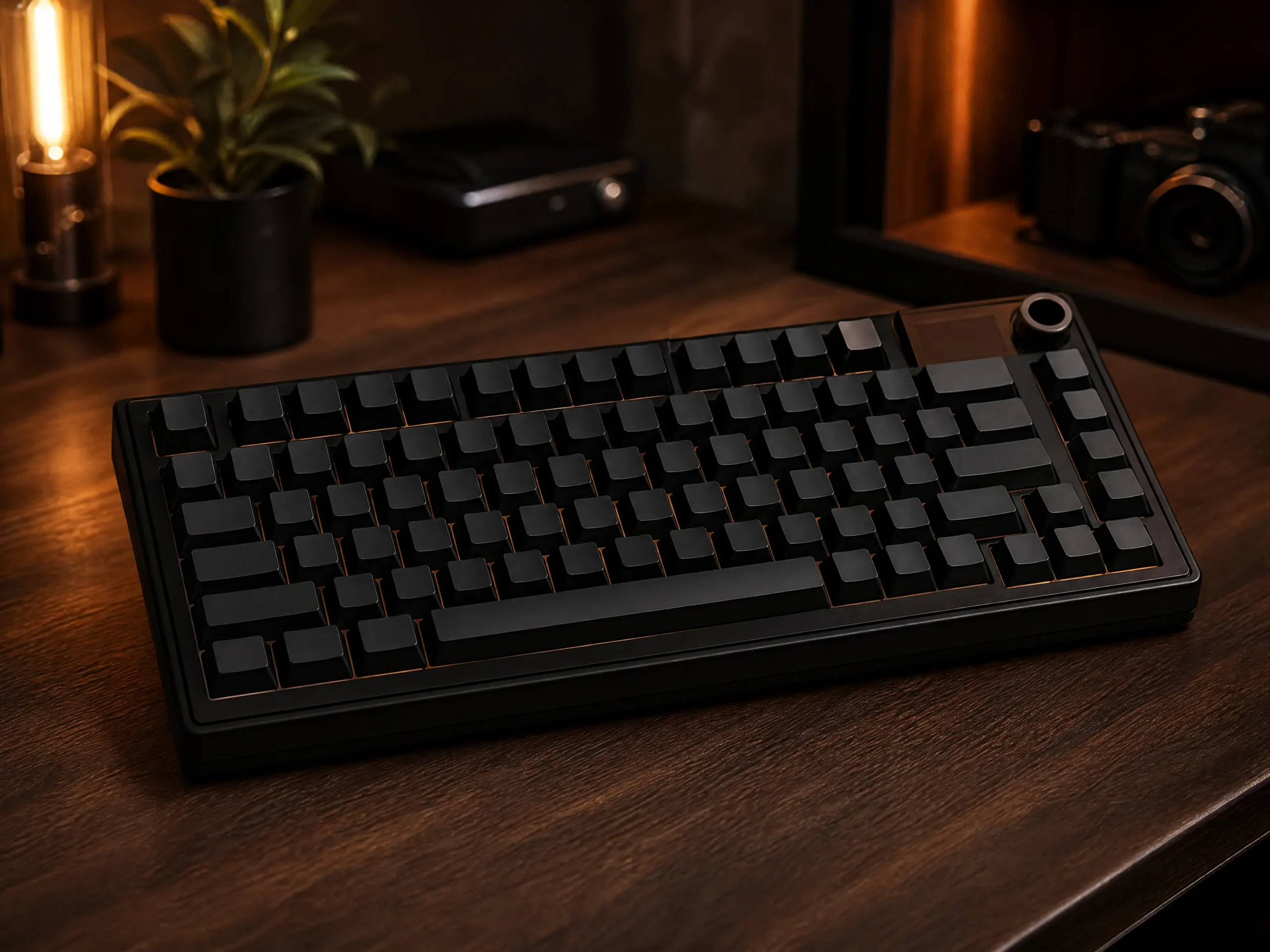 Premium Custom Matte Black Mechanical Keyboard on Walnut Desk