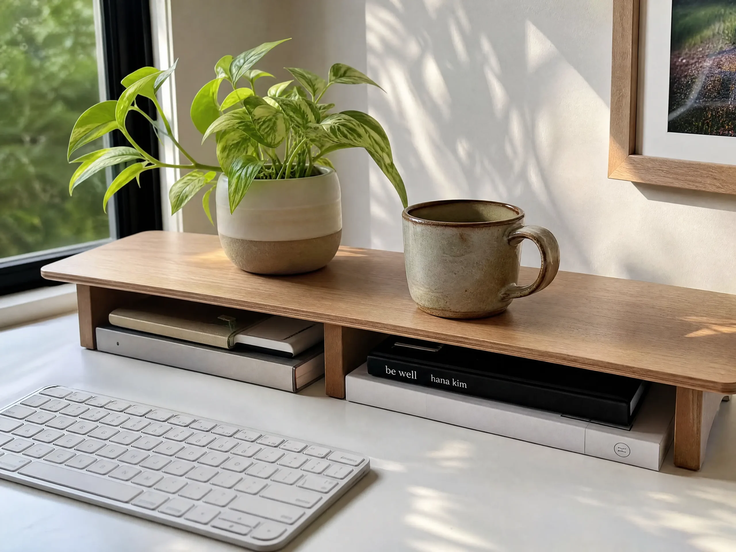 Premium Light Oak Wood Desk Shelf on White Setup
