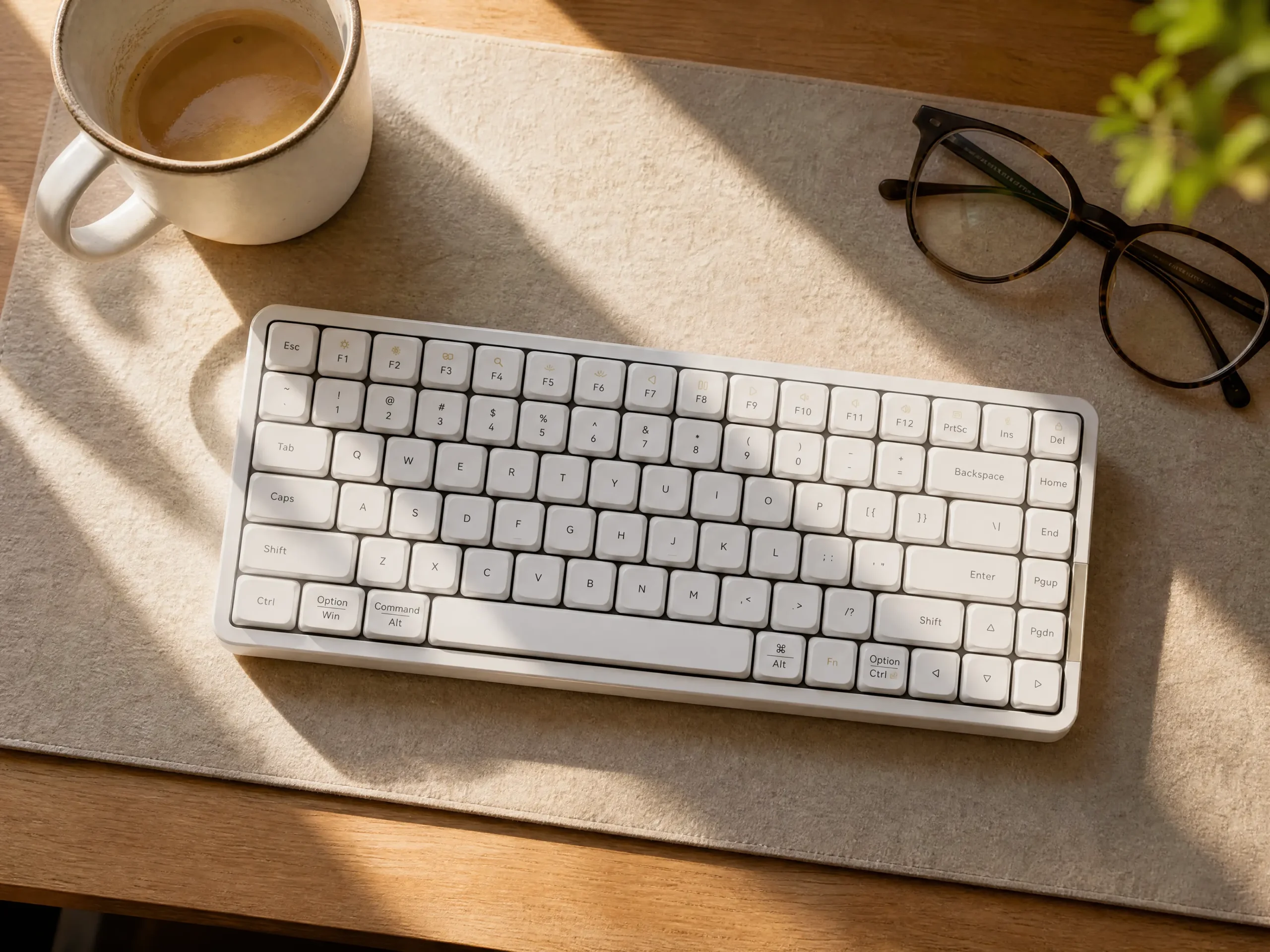 Custom Matte White Mechanical Keyboard on Desk Mat