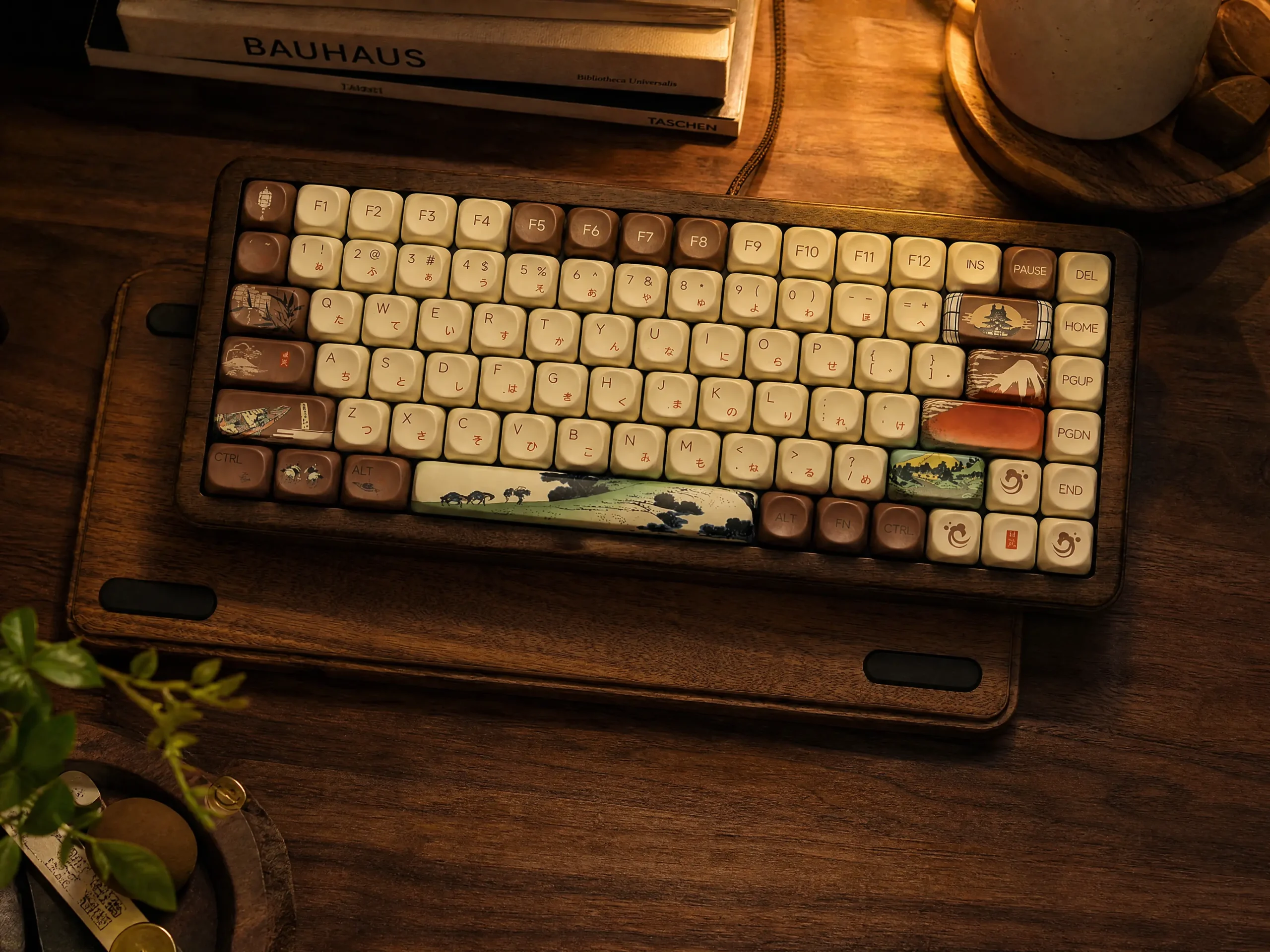 Retro Walnut Wood Mechanical Keyboard in Warm Light