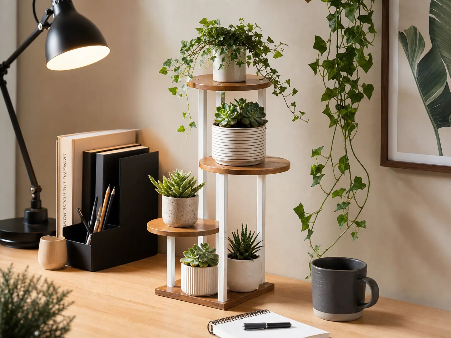 Tiered Wooden Desk Plant Stand Cozy Setup
