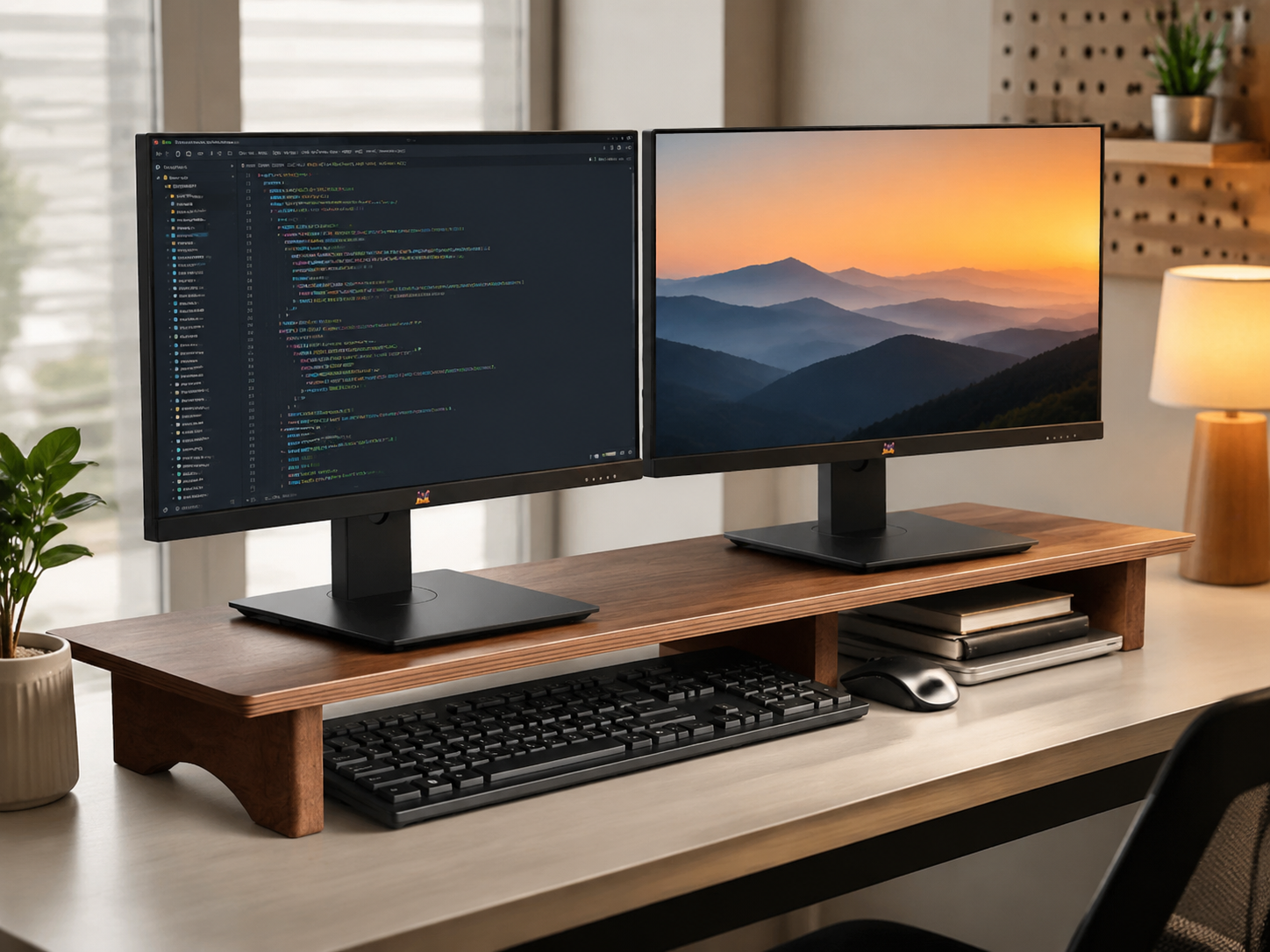 Walnut Dual Monitor Desk Shelf Workspace