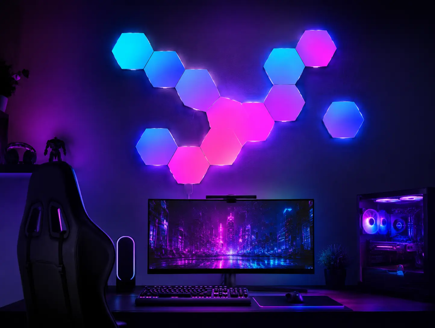 Hexagon RGB Wall Lights glowing above a gaming desk