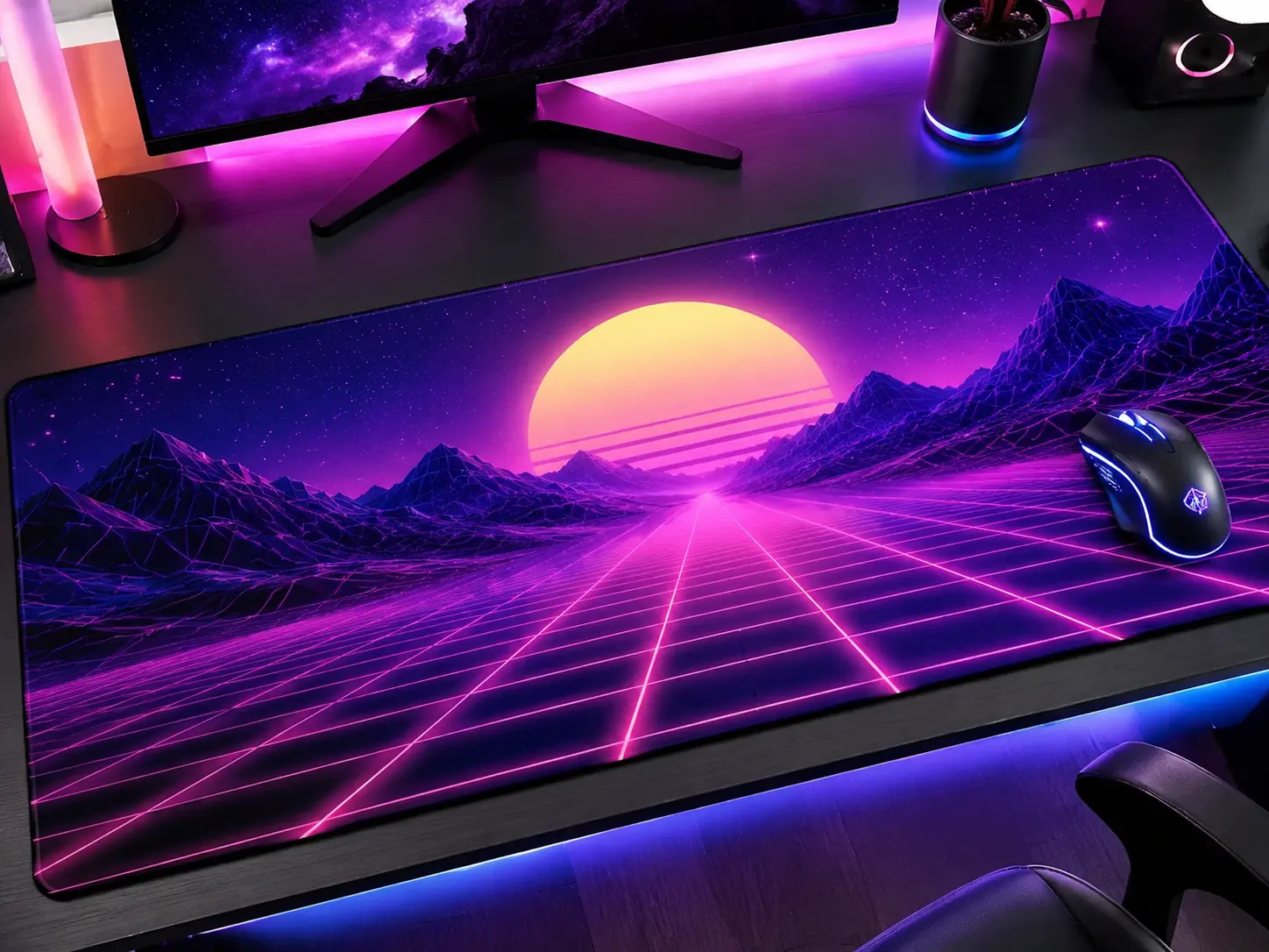Synthwave Neon Desk Mat with a glowing mouse