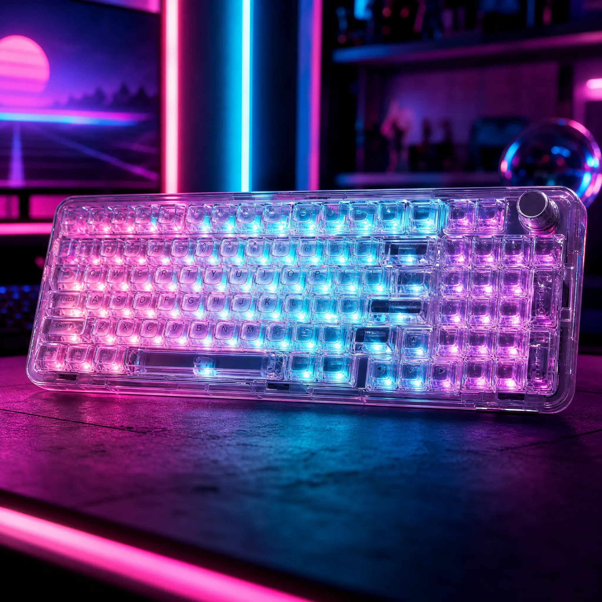 Transparent RGB Mechanical Keyboard on a dark desk