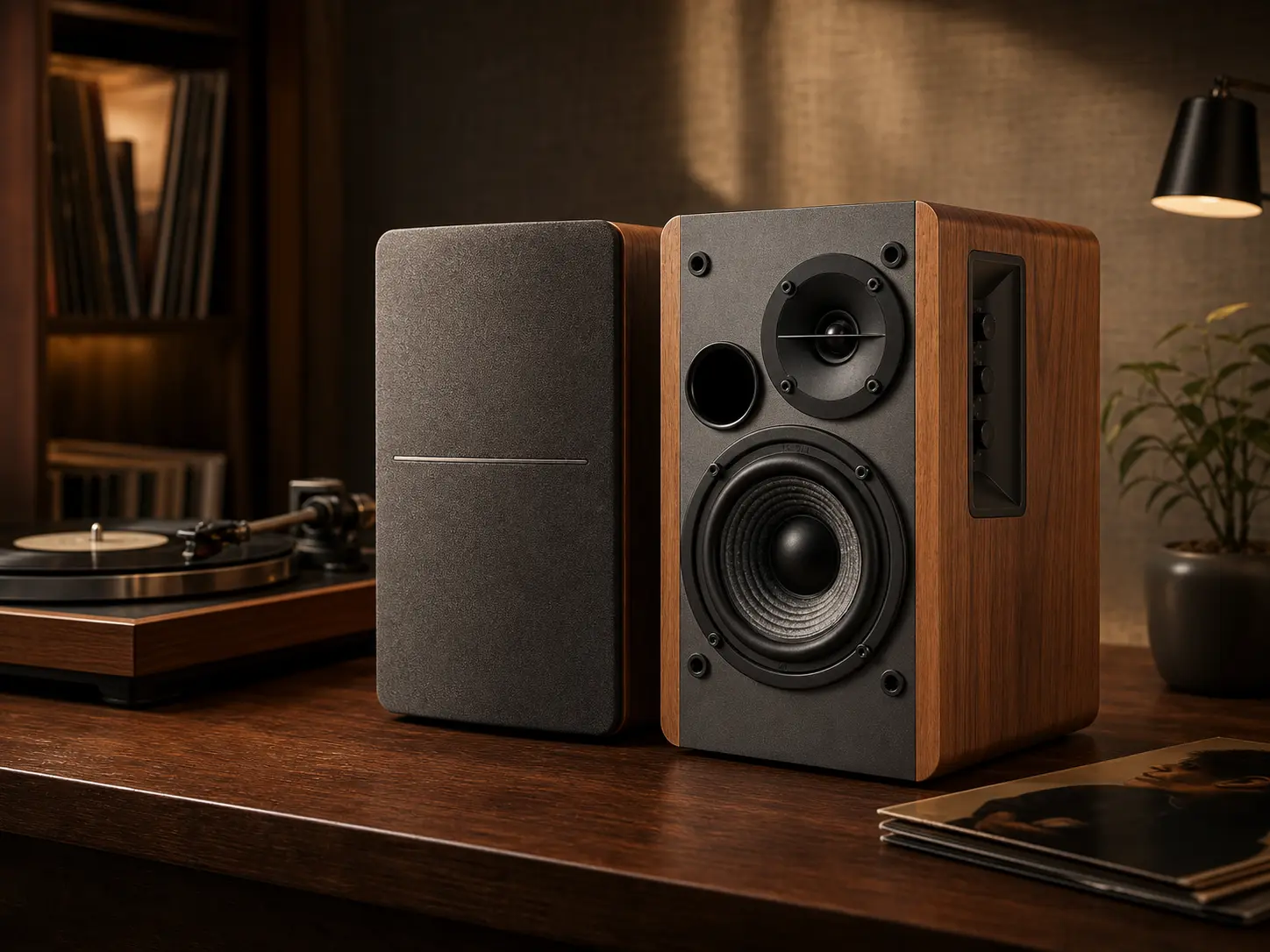 Premium wooden studio monitor speakers on a dark walnut desk