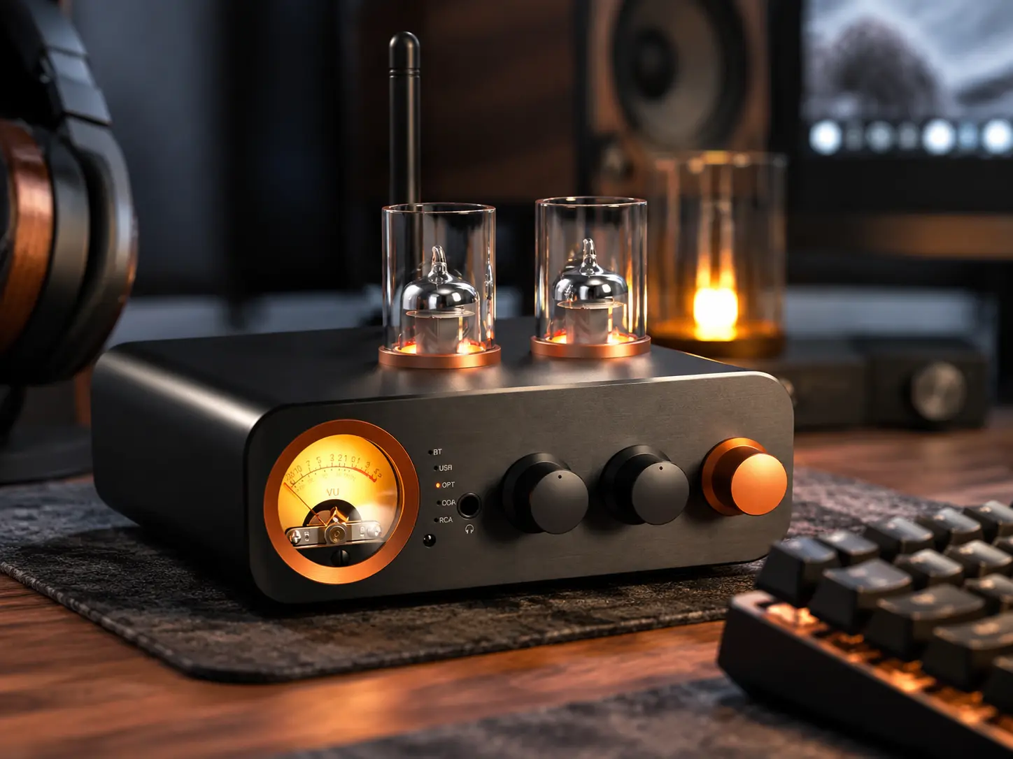 High-end desktop DAC amplifier with metal volume knobs on a desk