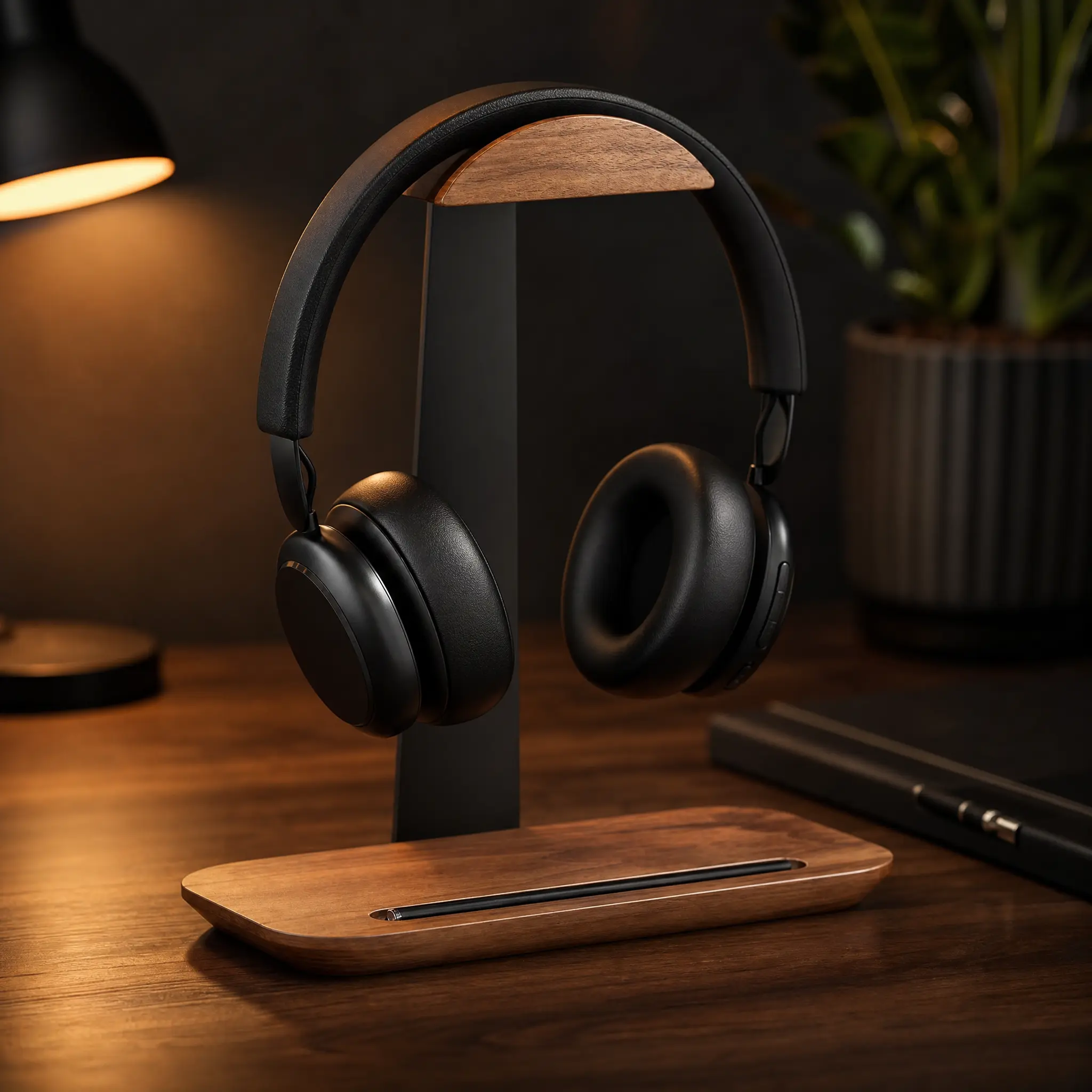 Elegant walnut wood and aluminum headphone stand