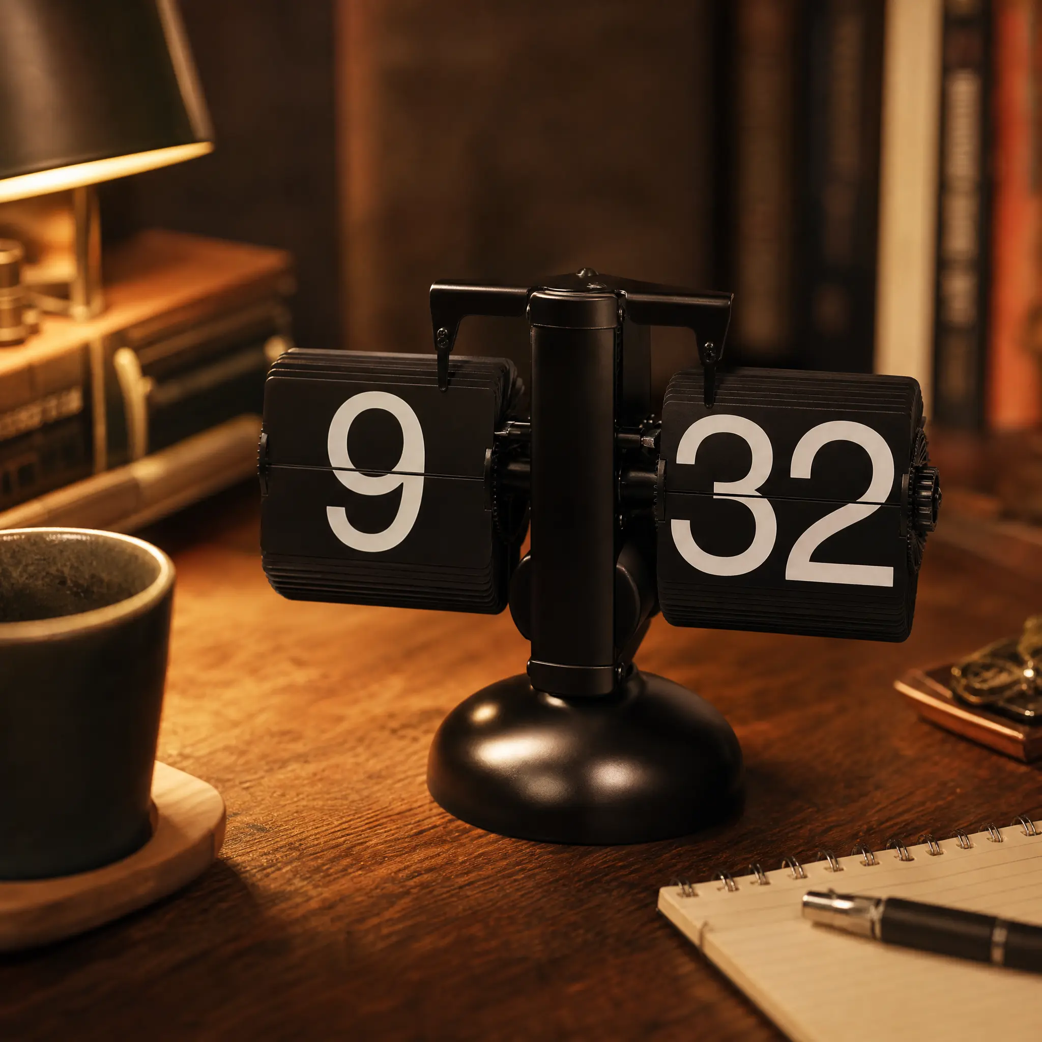 Retro mechanical flip clock on a cozy wooden desk