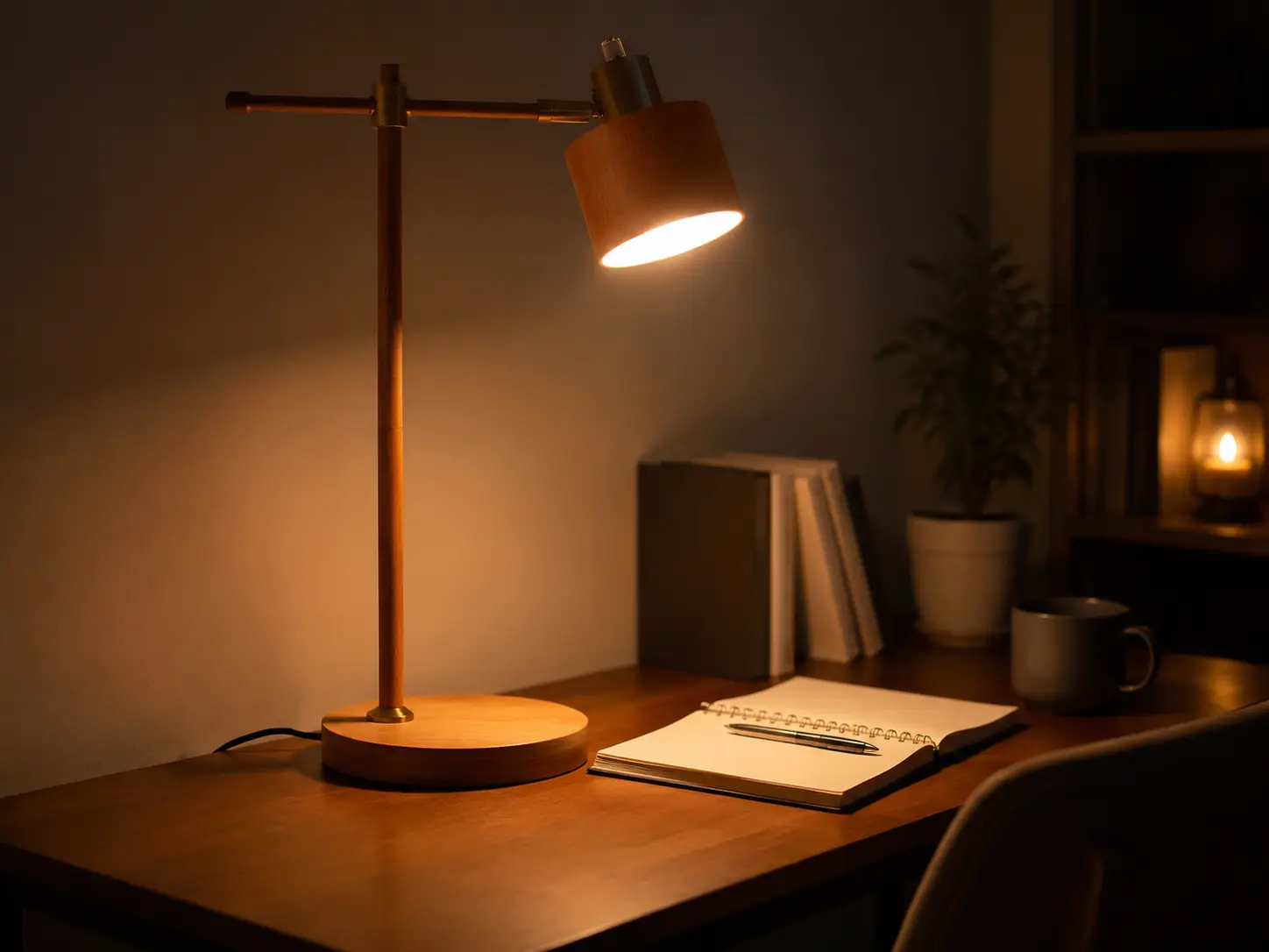 Minimalist warm LED desk lamp with wooden base