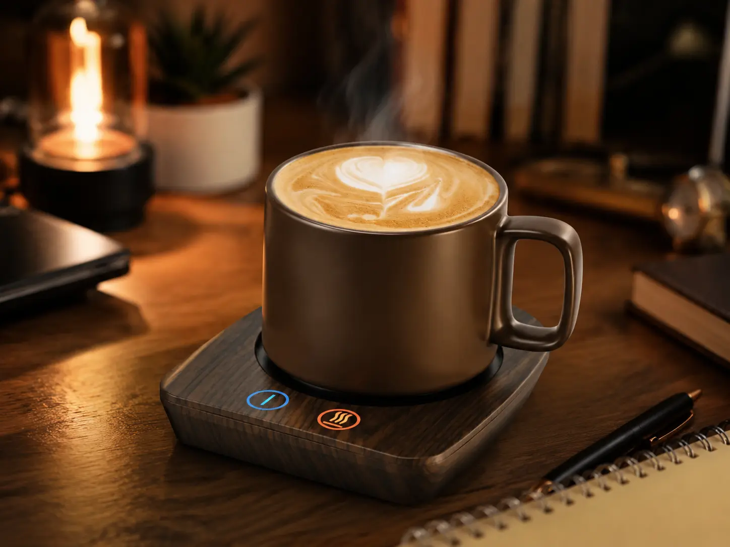 Smart coffee mug warmer with ceramic cup on desk