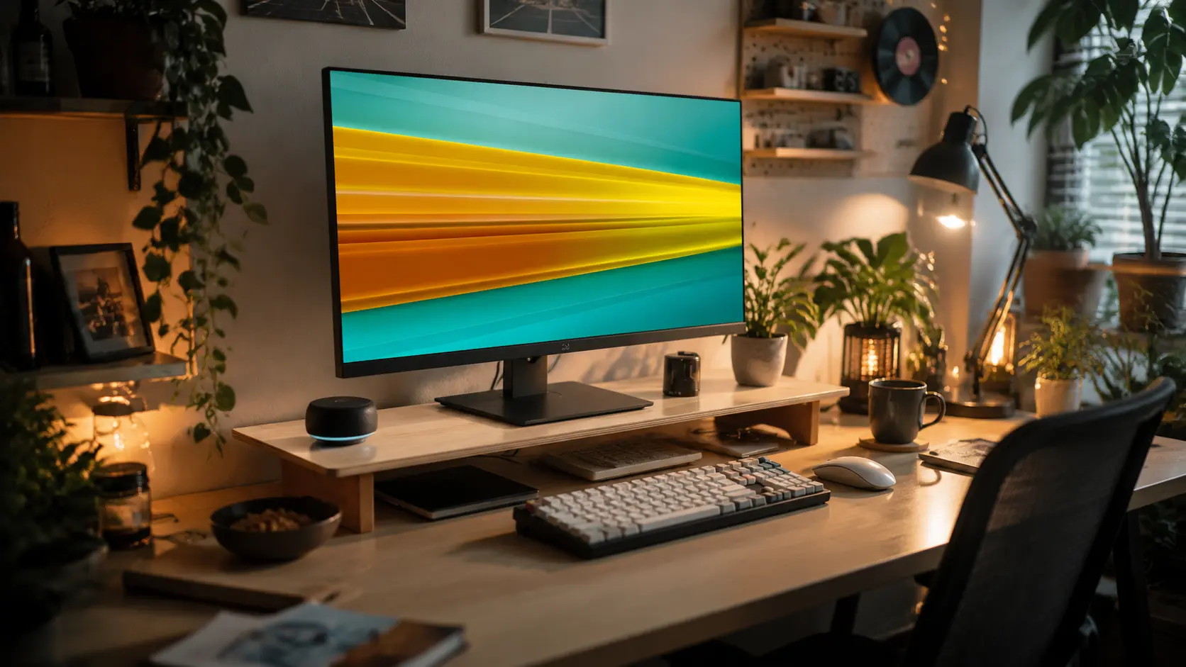 Cozy wide view of a wood and botanical desk setup with a wooden monitor stand