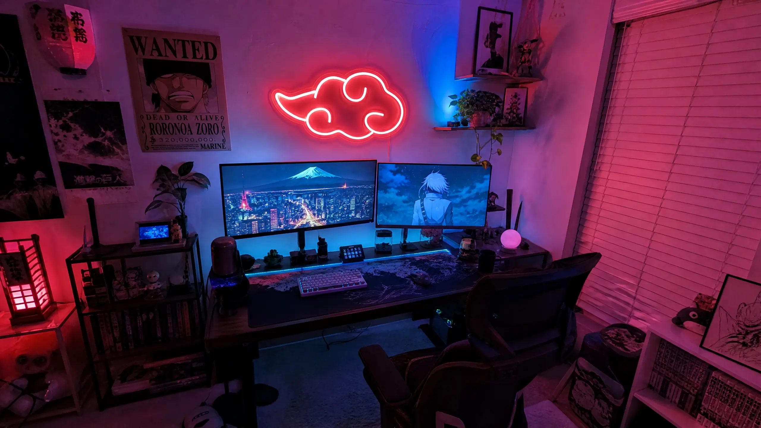 Wide angle view of a cozy anime gamer room featuring a glowing neon wall sign