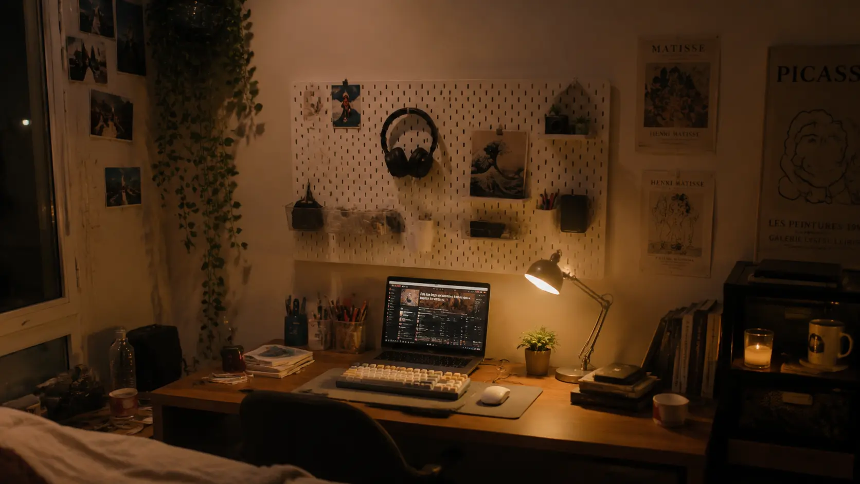 Wide angle view of a cozy lofi aesthetic desk setup featuring a white pegboard organizer