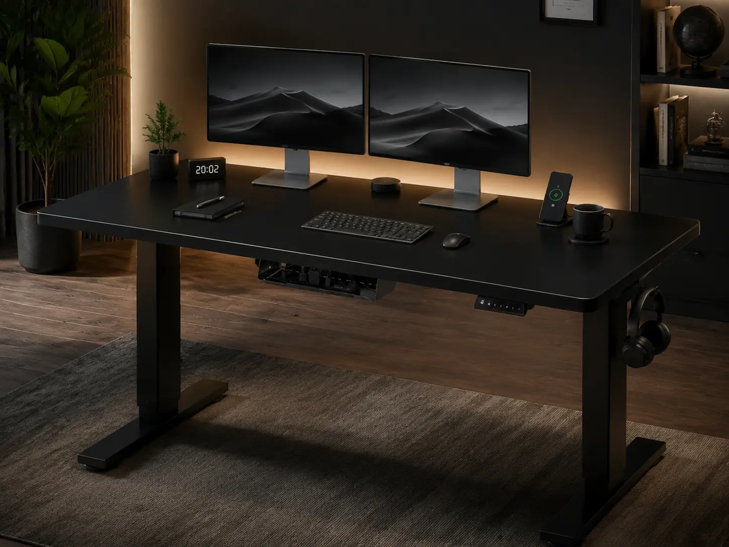 Premium Matte Black Motorized Standing Desk in a dark home office