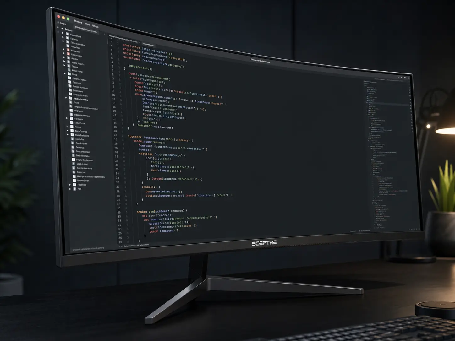 34-Inch Ultrawide Curved Monitor Black on a stealth desk