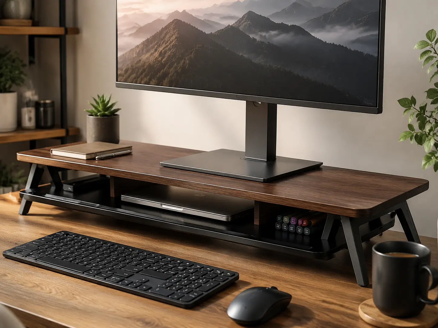 Walnut Monitor Stand on Natural Desk