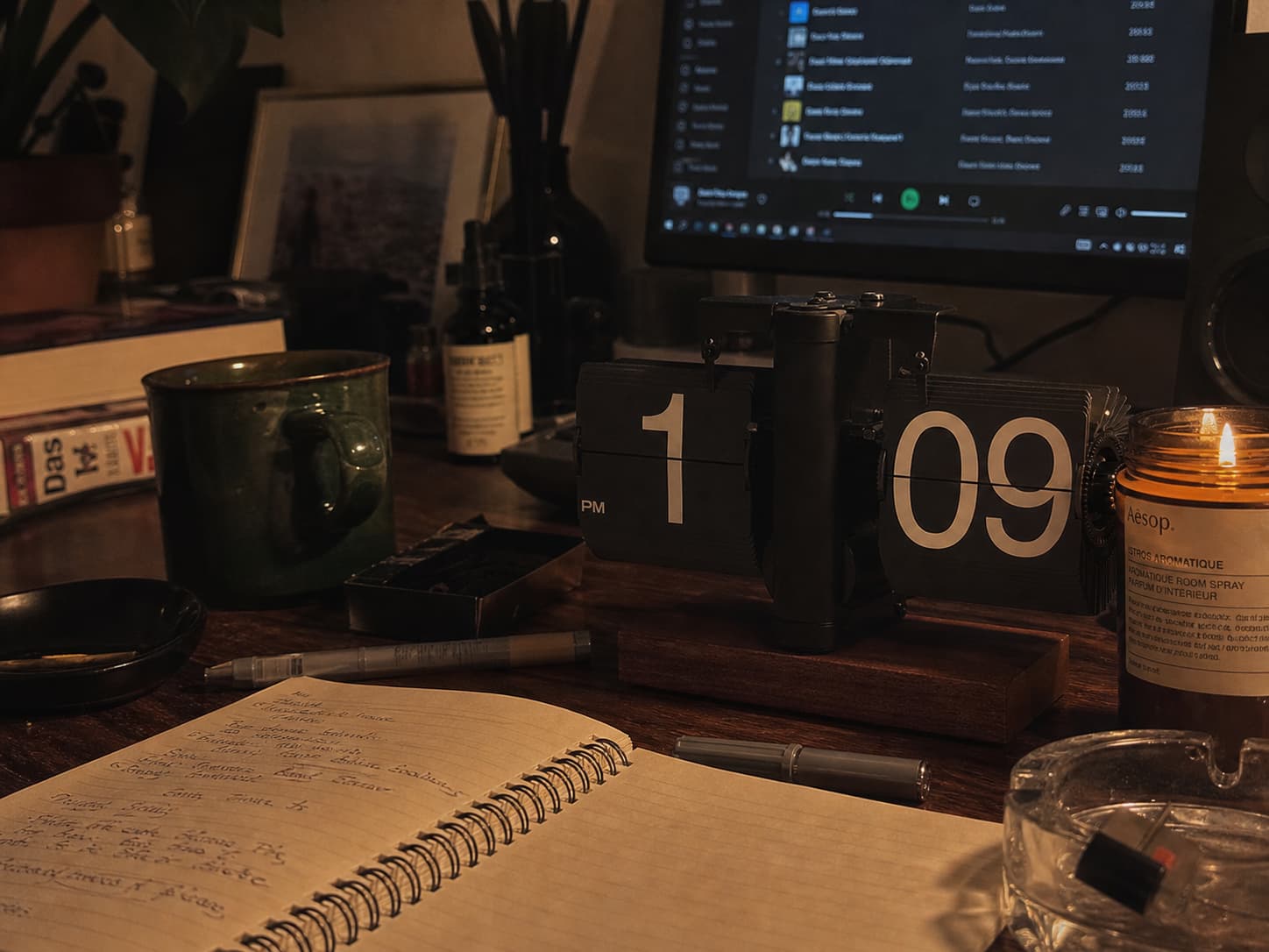 Retro flip clock on a lived-in wooden desk with soft lighting
