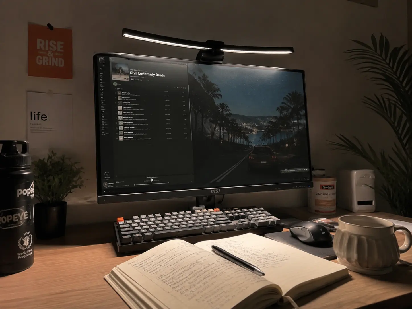 Monitor light bar illuminating a lived-in productivity desk