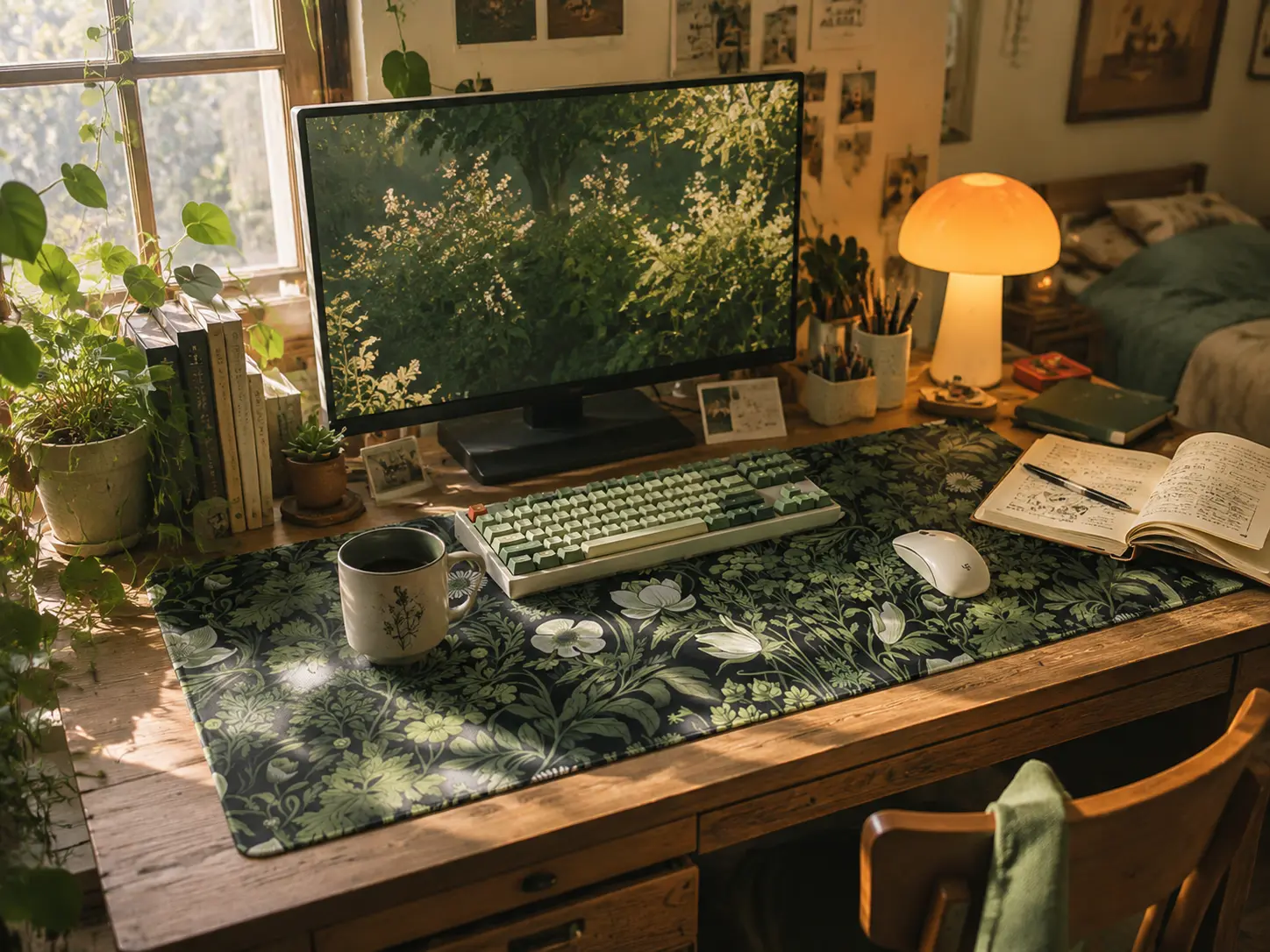 Green Botanical Desk Mat Studio Ghibli Setup
