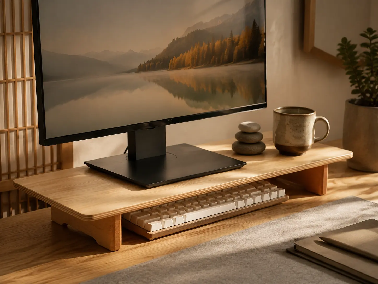 Light Oak Desk Shelf Monitor Stand Japandi