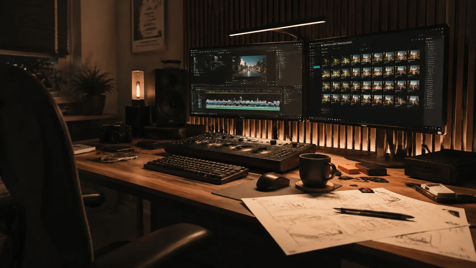 Realistic midnight video editor desk setup with acoustic wood panels and dual monitors