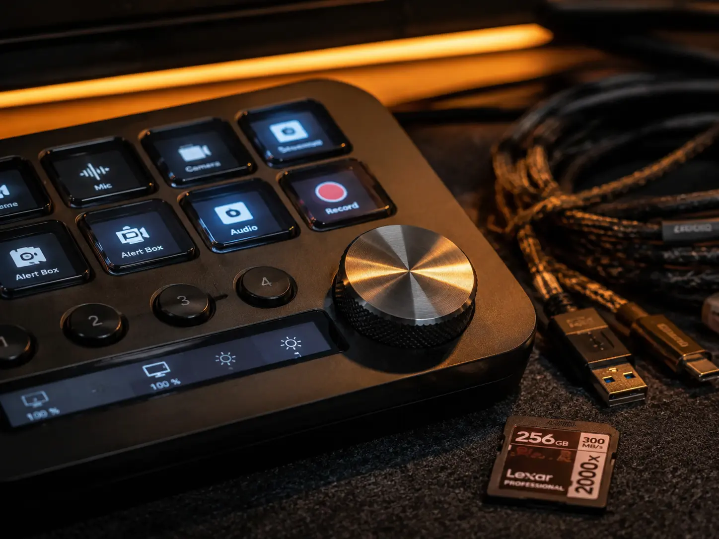 Extreme close up of a creator macro console with dials on a desk mat