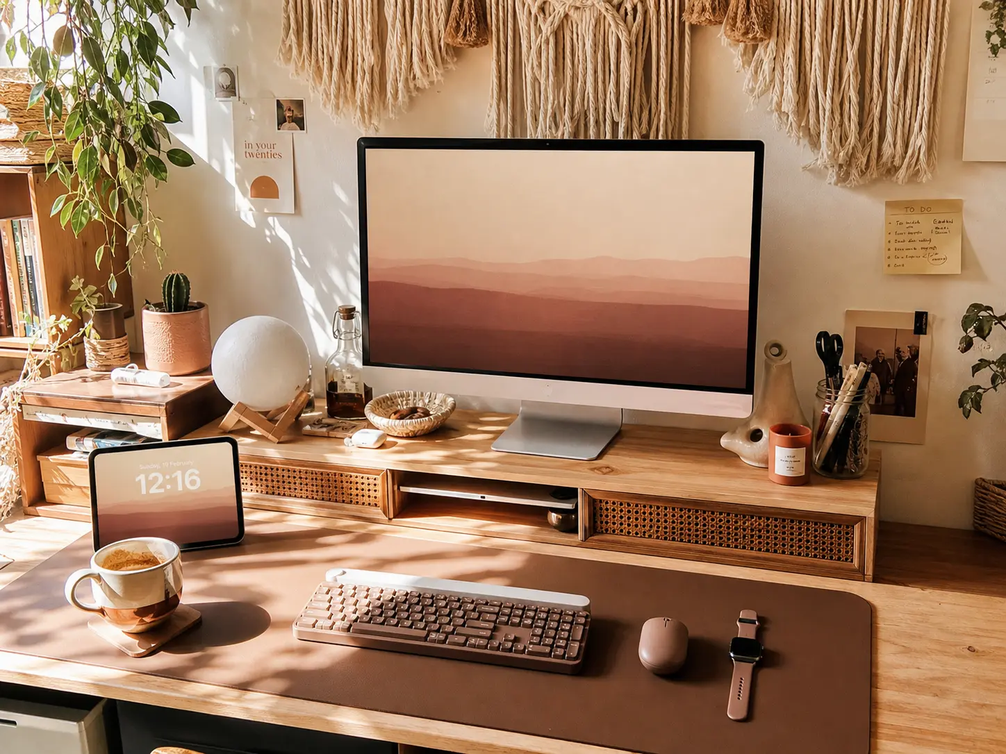 Warm terracotta boho desk setup with natural sunlight