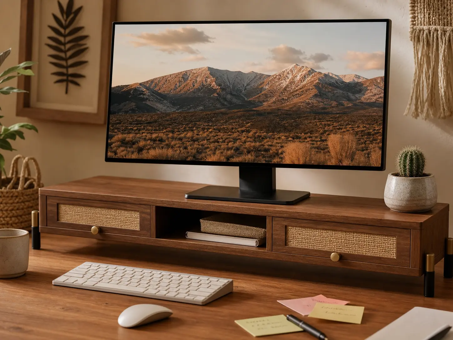 Wooden rattan monitor stand on a boho desk