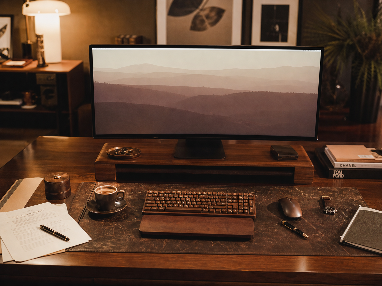 Luxurious mid-century modern executive desk setup with walnut and leather