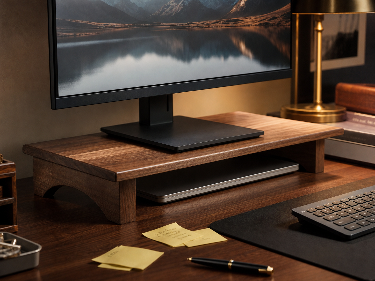 Solid walnut monitor stand on an executive desk