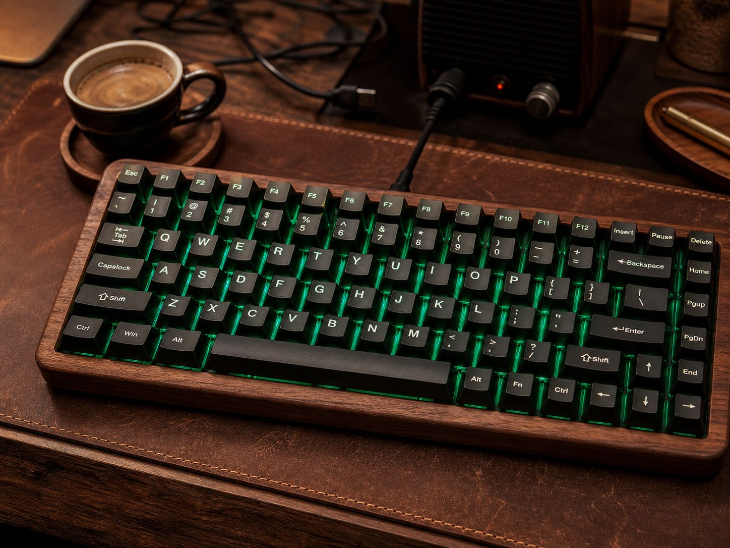 Walnut mechanical keyboard on a leather desk mat