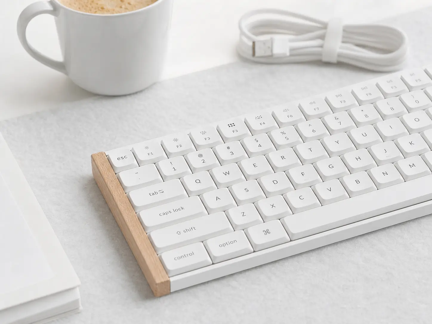 Low-profile white mechanical keyboard on a white felt desk mat