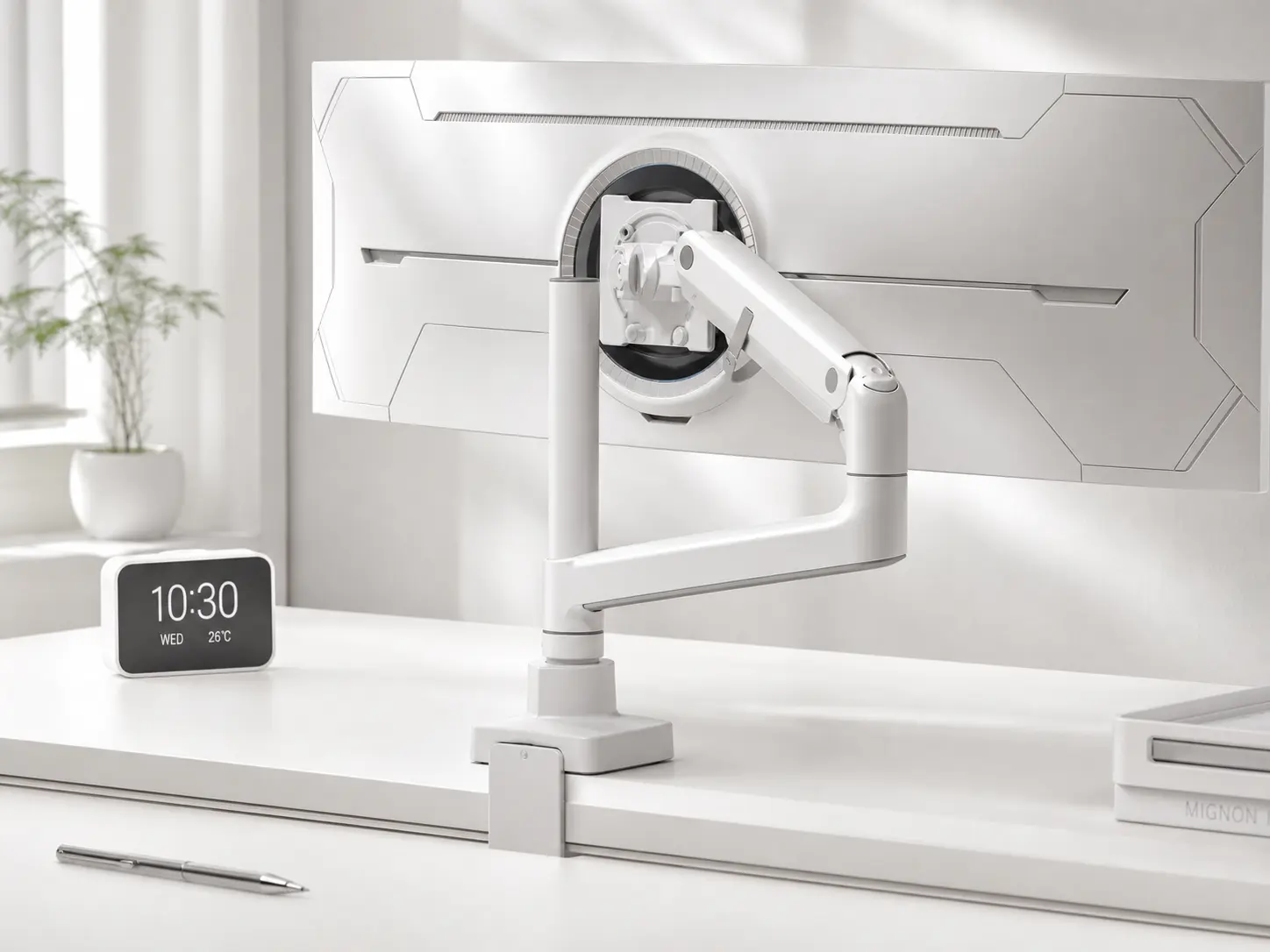Sleek white aluminum monitor stand on a minimalist desk