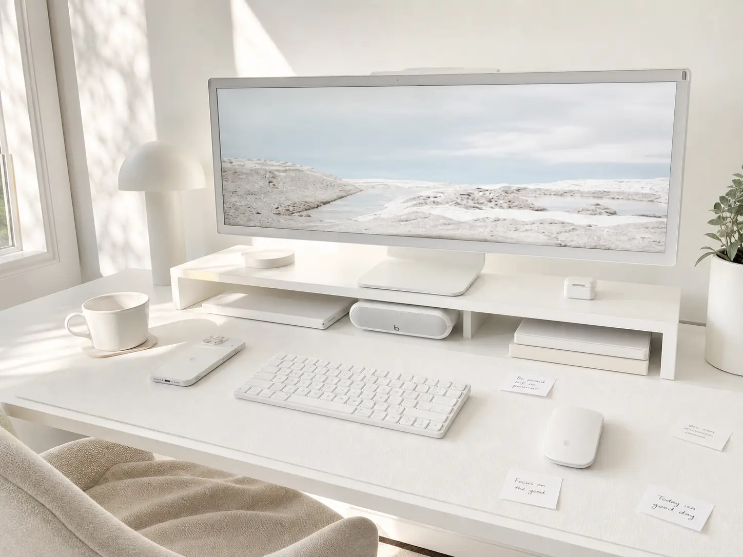 Bright and ultra-clean cloud minimalist all-white desk setup