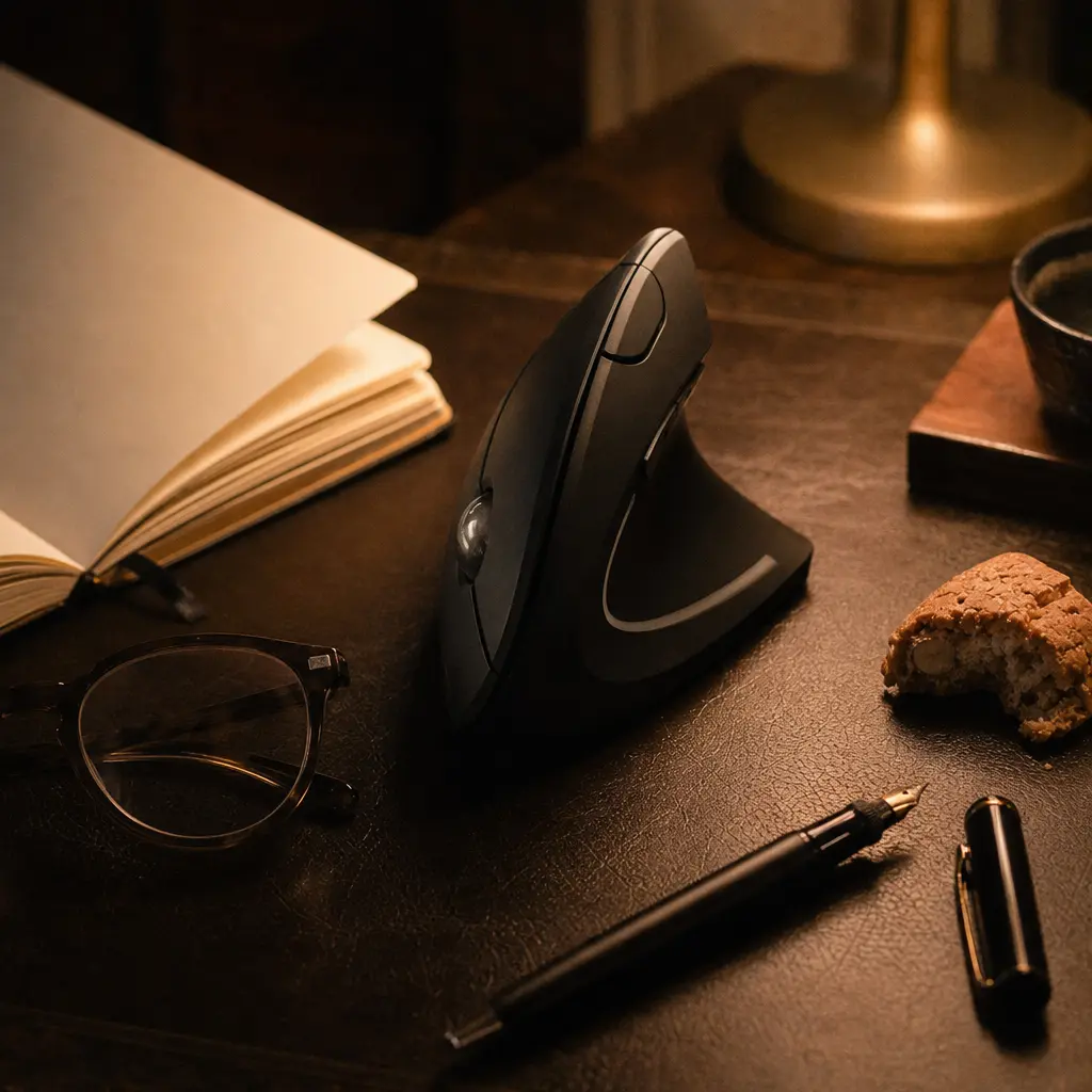 Trackball ergonomic mouse on a leather desk mat in a dimly lit workspace