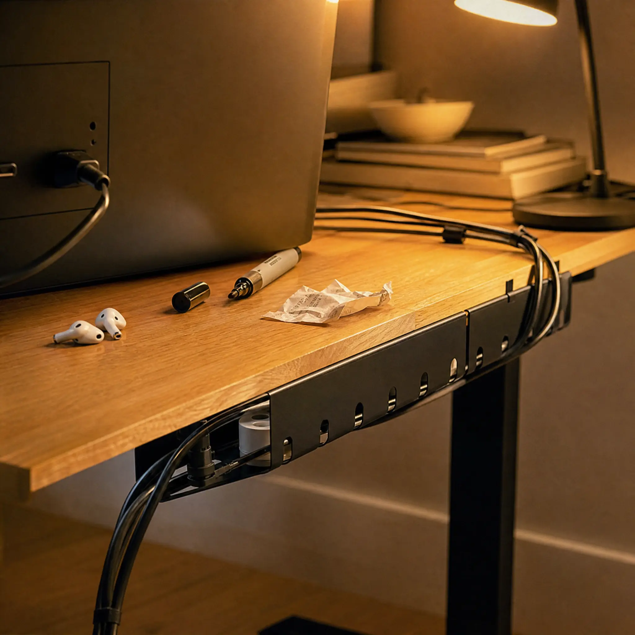High-capacity no-drill wire basket holding power strip and thick cables
